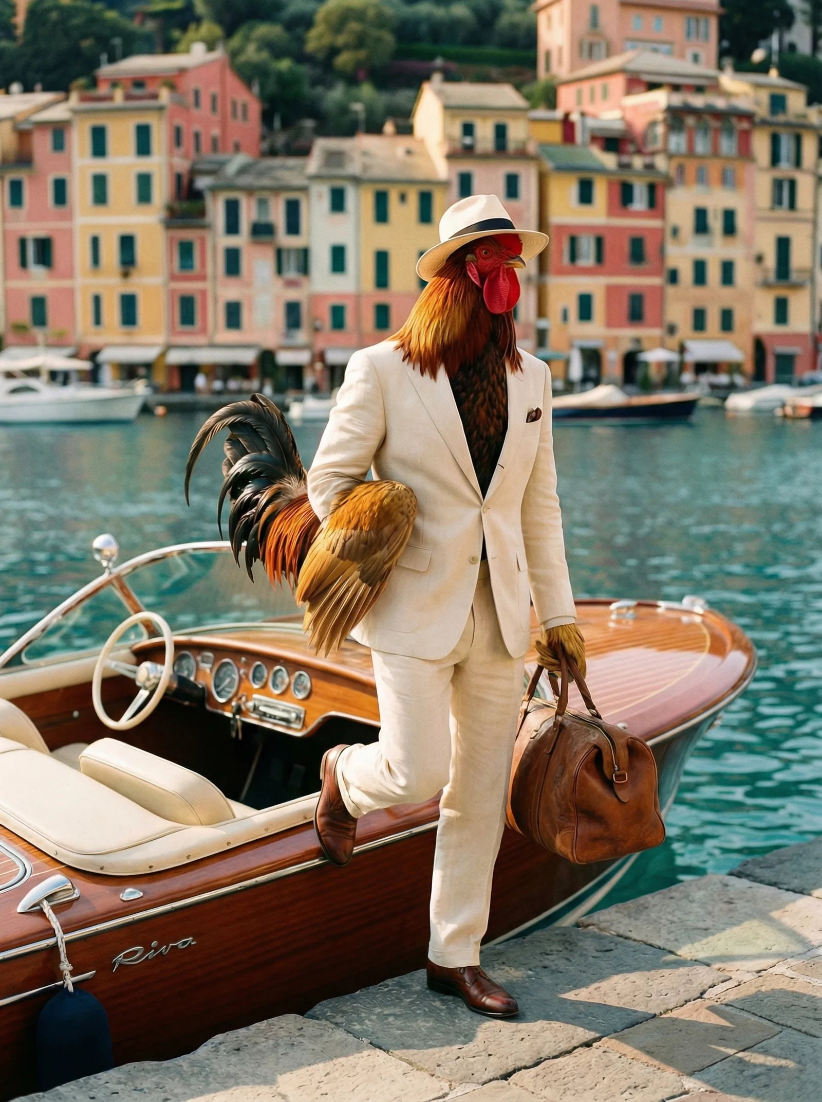 A rooster in cream linen stepping off a wooden Riva at Portofino harbor, leather holdall in hand