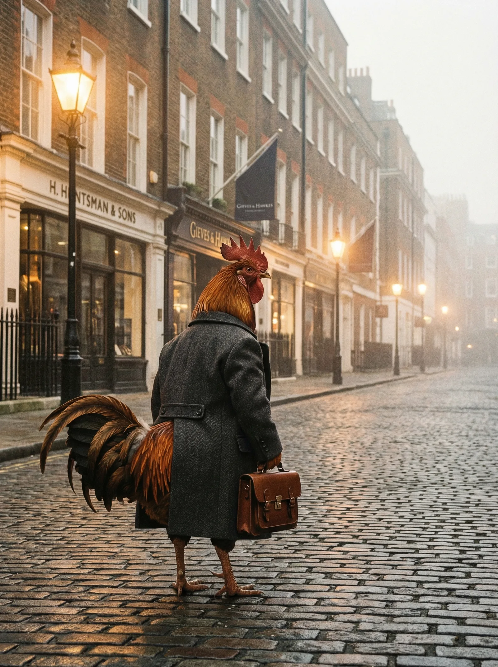 A distinguished rooster in a charcoal overcoat seen from behind, walking alone down the misty cobblestones of Savile Row at dawn, leather briefcase at his side