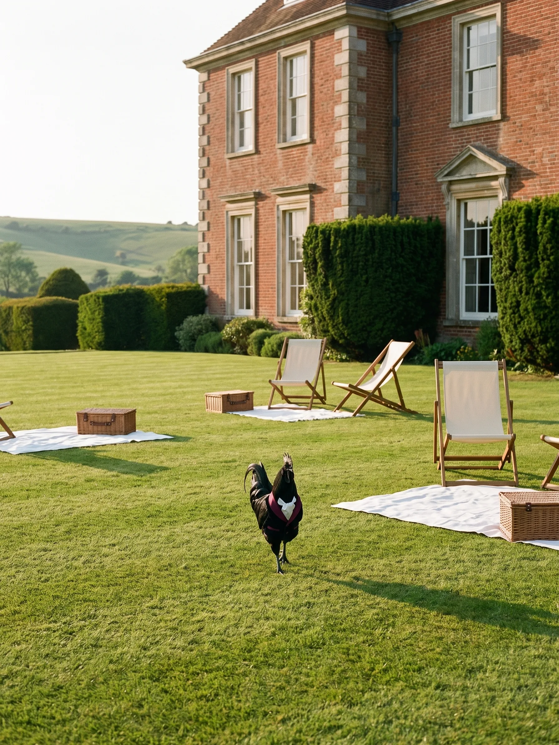 A black rooster in a velvet smoking jacket crossing the lawn of a country opera house in late afternoon light