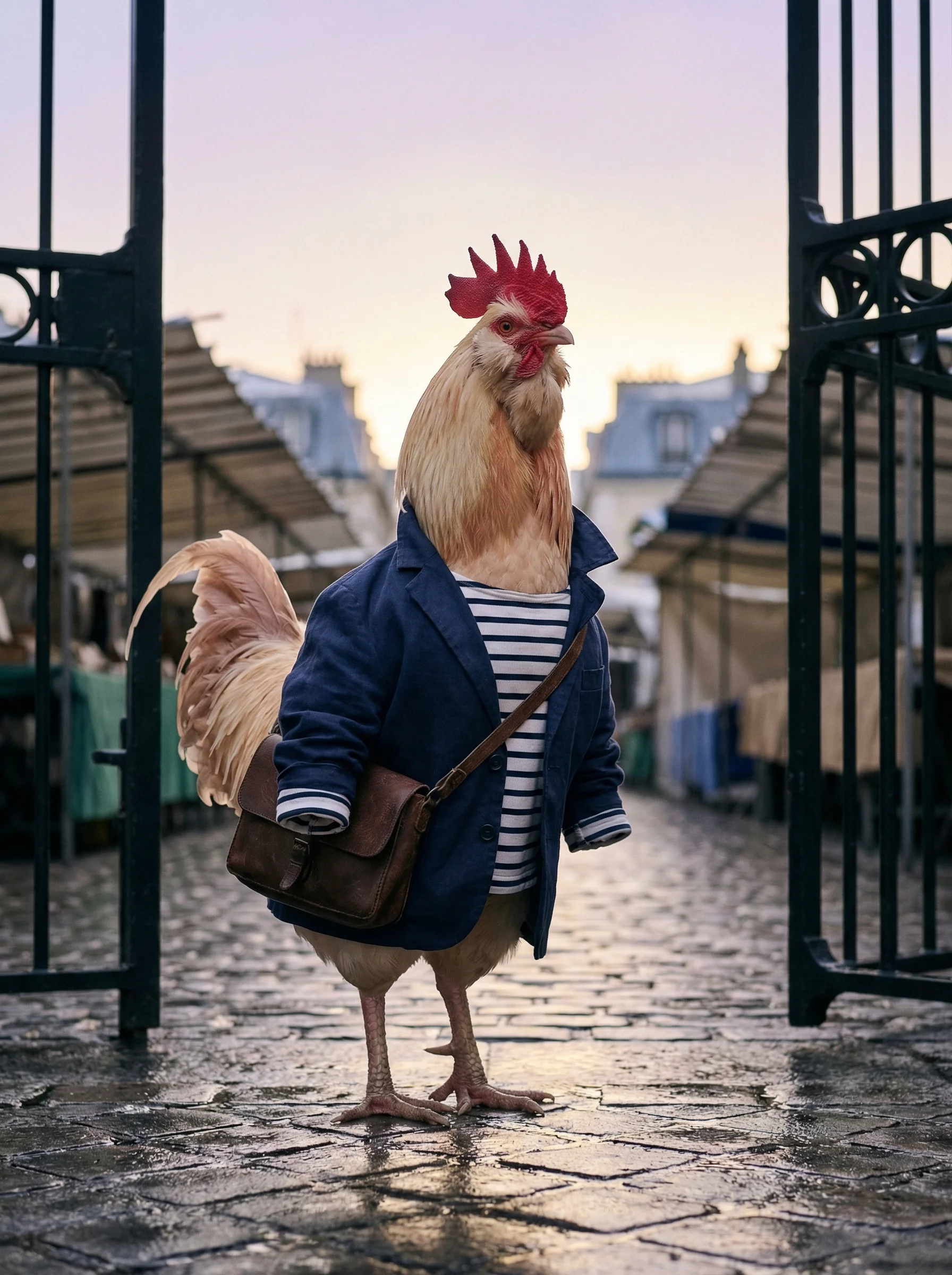 A Salmon Faverolles rooster in a navy linen blazer and Breton-striped marinière with a leather satchel standing at the wrought-iron entrance gate of a Parisian flea market at dawn, wet cobblestones, canvas-draped stalls stretching behind him