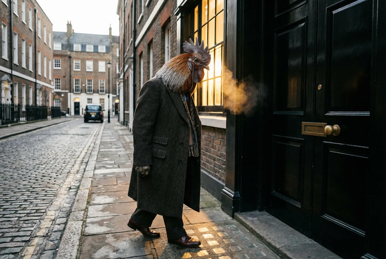 A rooster in a herringbone overcoat arriving at a Mayfair studio on a winter morning