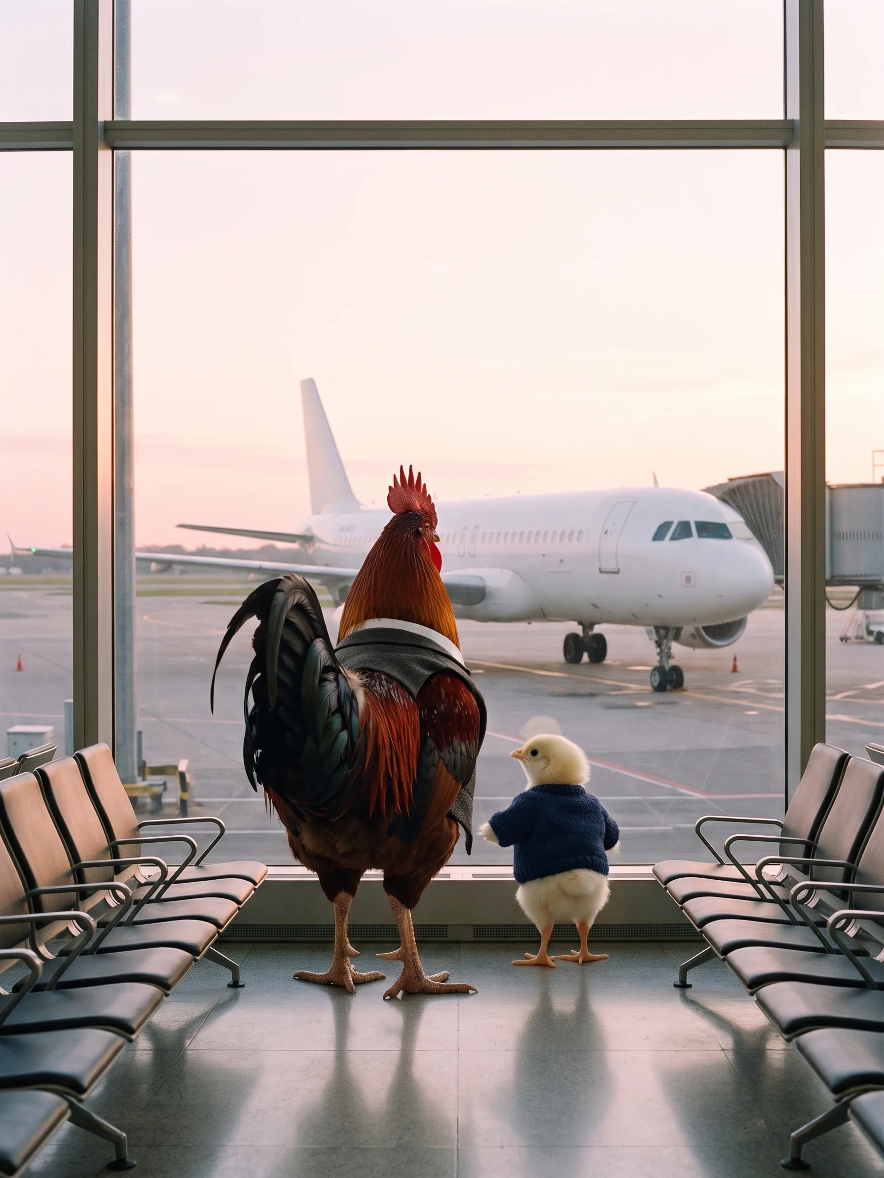 A rooster and a small chick seen from behind at an airport window, looking at an aeroplane at dawn