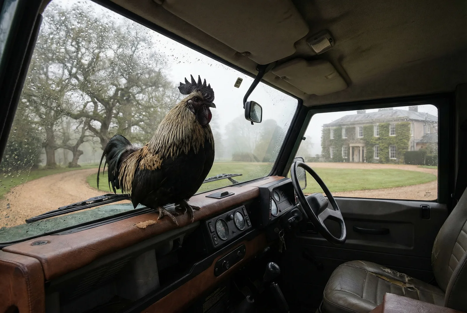 A rooster perched on the dashboard of a Land Rover, misty estate visible through the windscreen