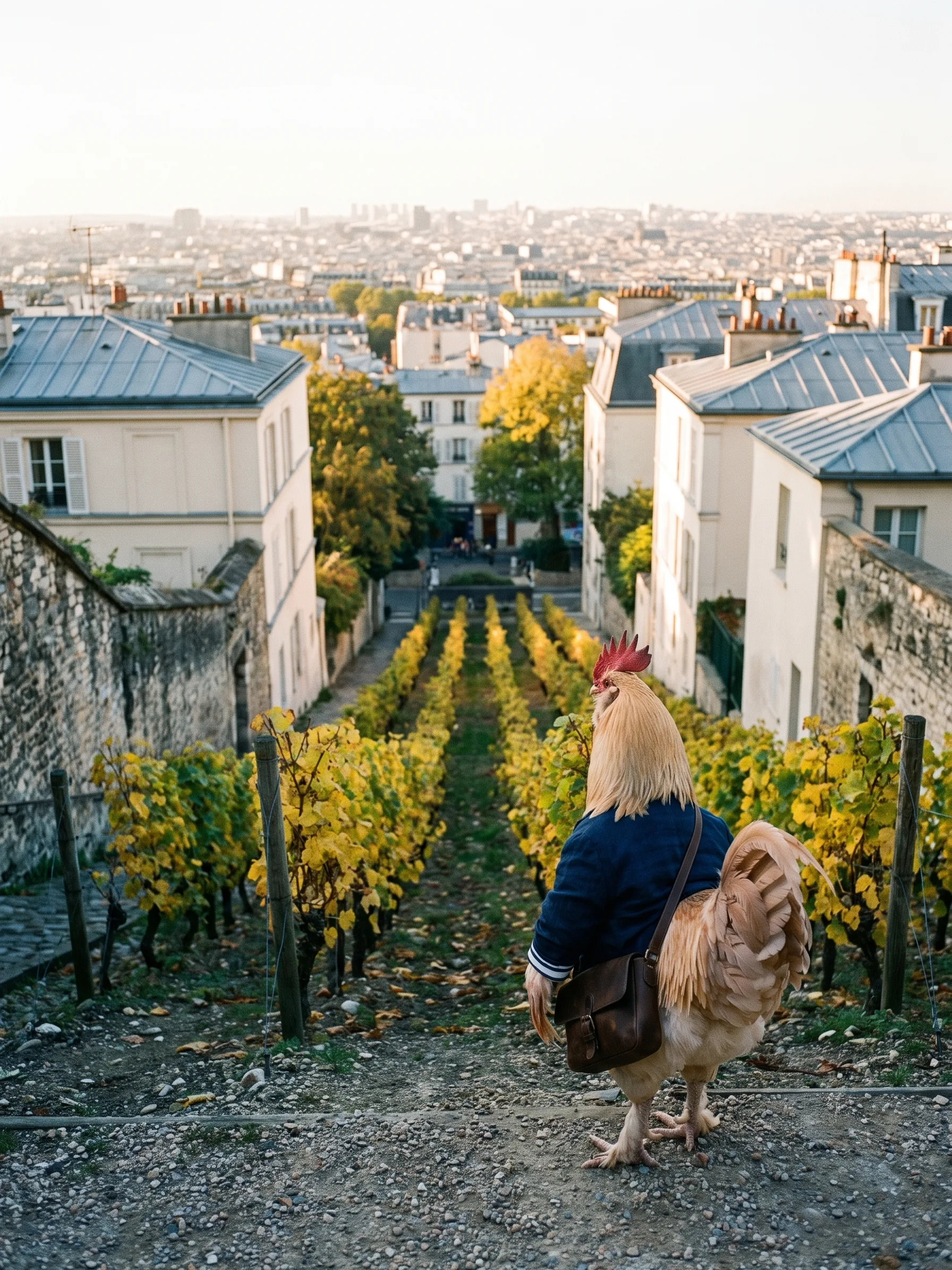 A bearded Salmon Faverolles rooster seen from behind at the top of a steep city vineyard, looking out over the rooftops of Paris