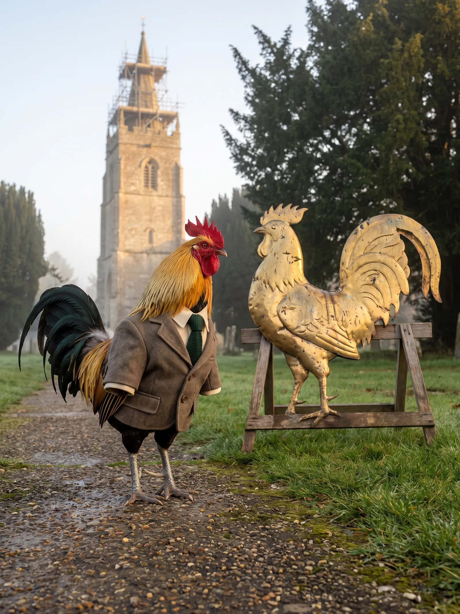 A rooster in a tweed jacket facing a gilded weathercock in a misty churchyard