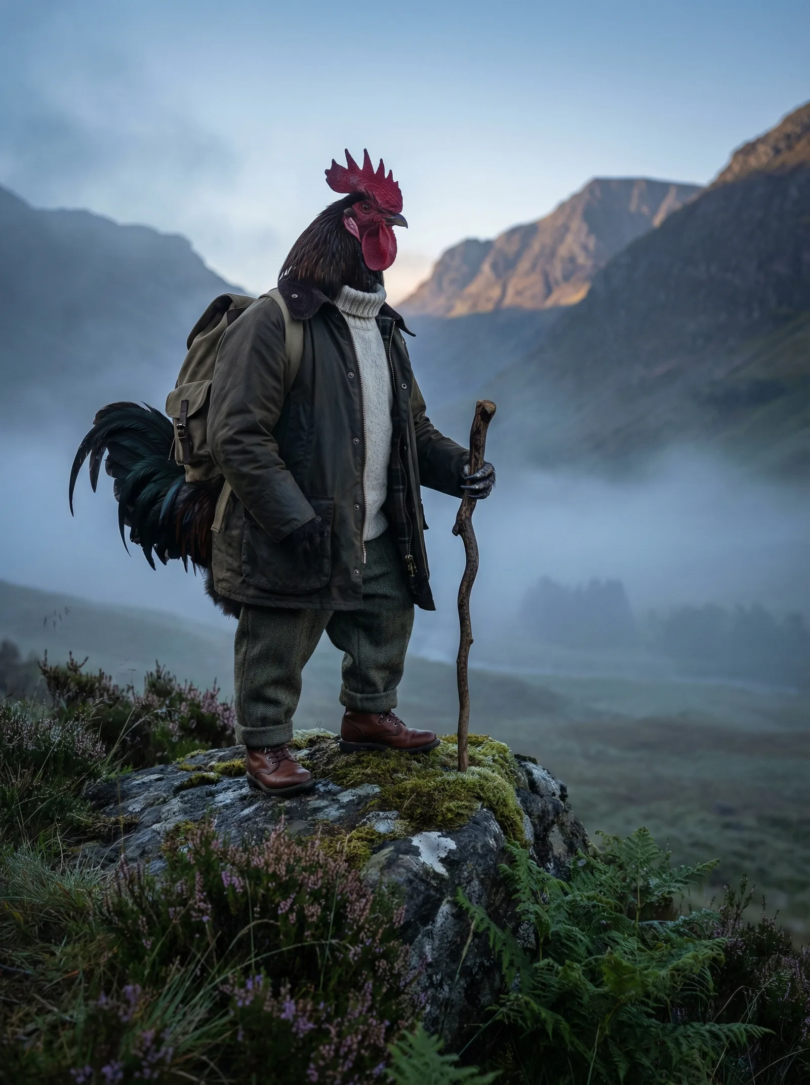 A distinguished rooster in an olive wax jacket and tweed trousers standing on a mossy boulder in a misty Highland glen at dawn, walking stick in hand
