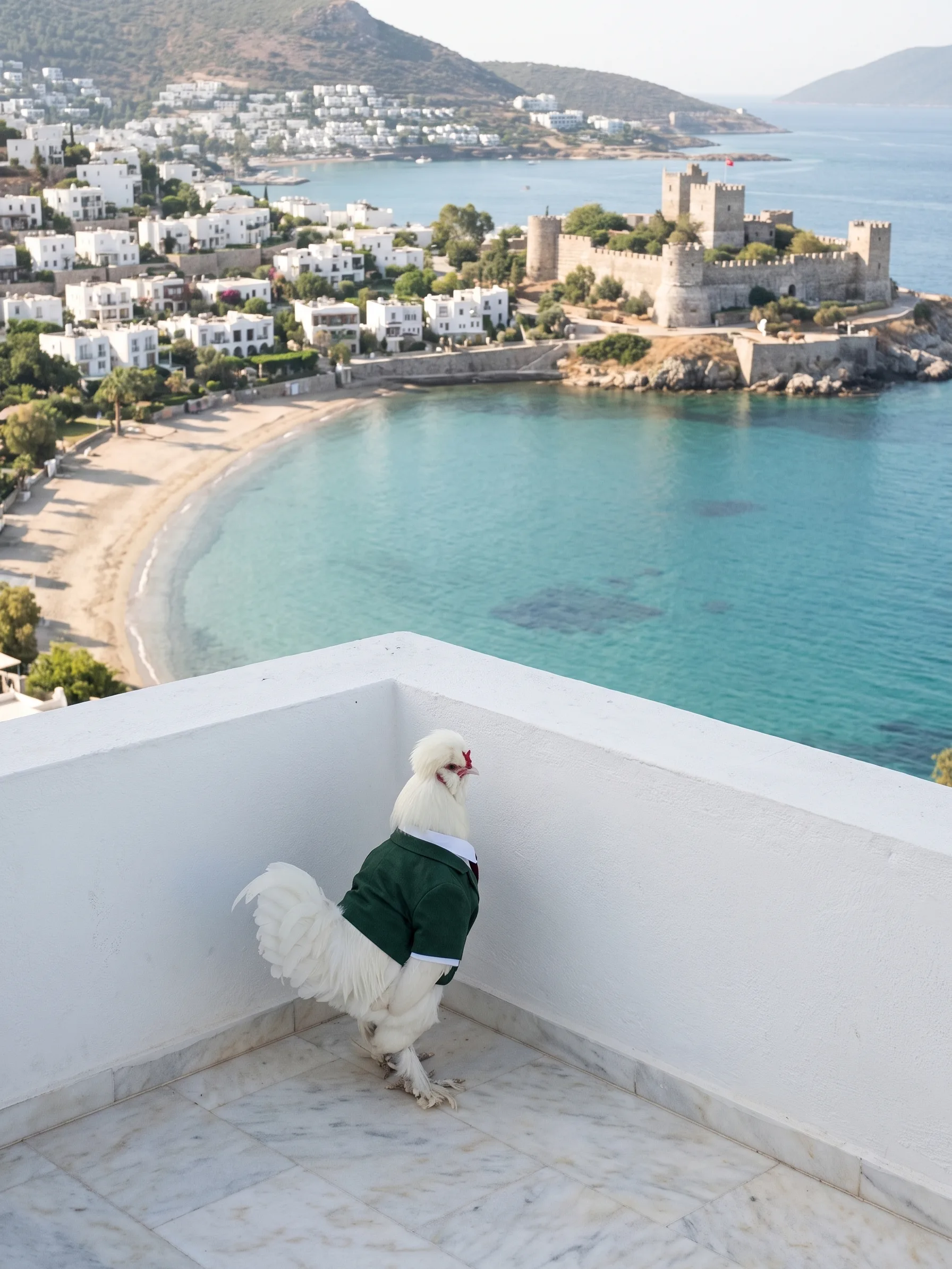 A white crested rooster in a green linen jacket on a white terrace above Bodrum bay and its castle