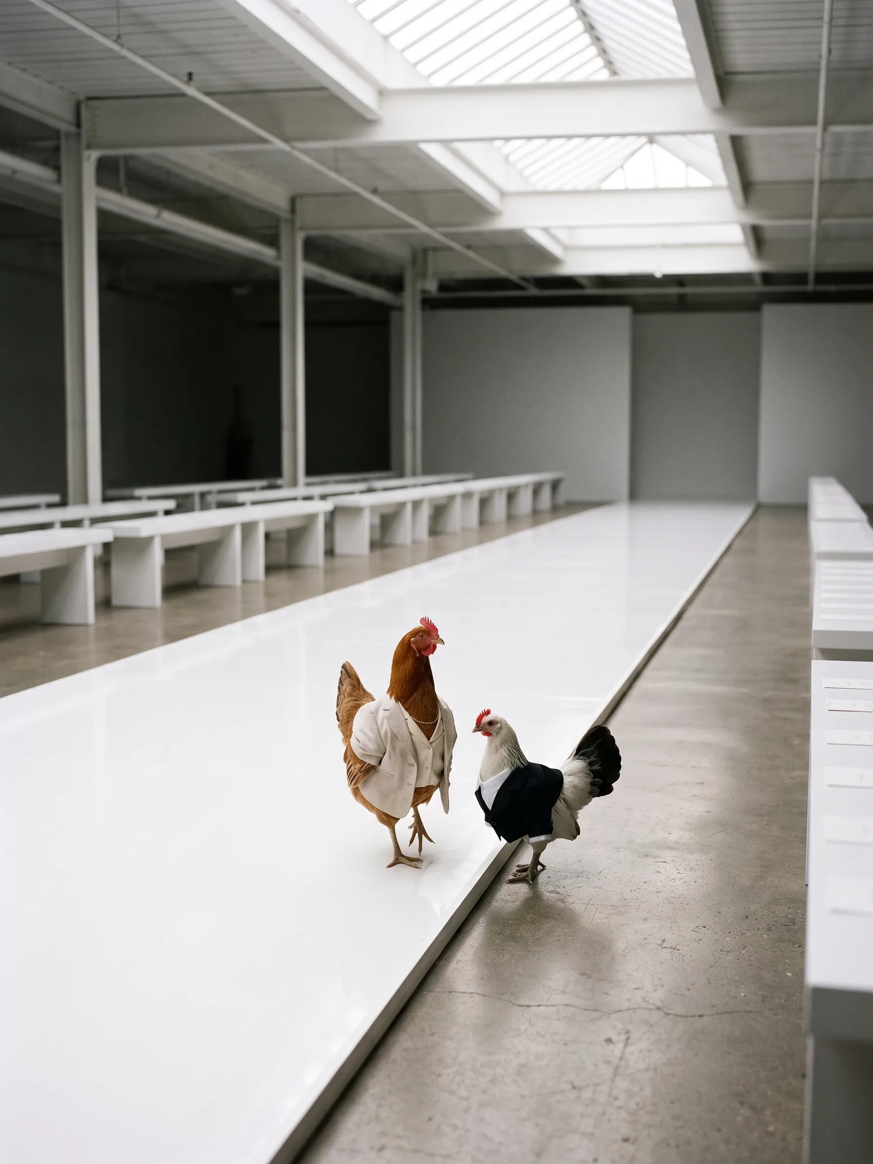 Two hens walking into an empty show space with a long white runway