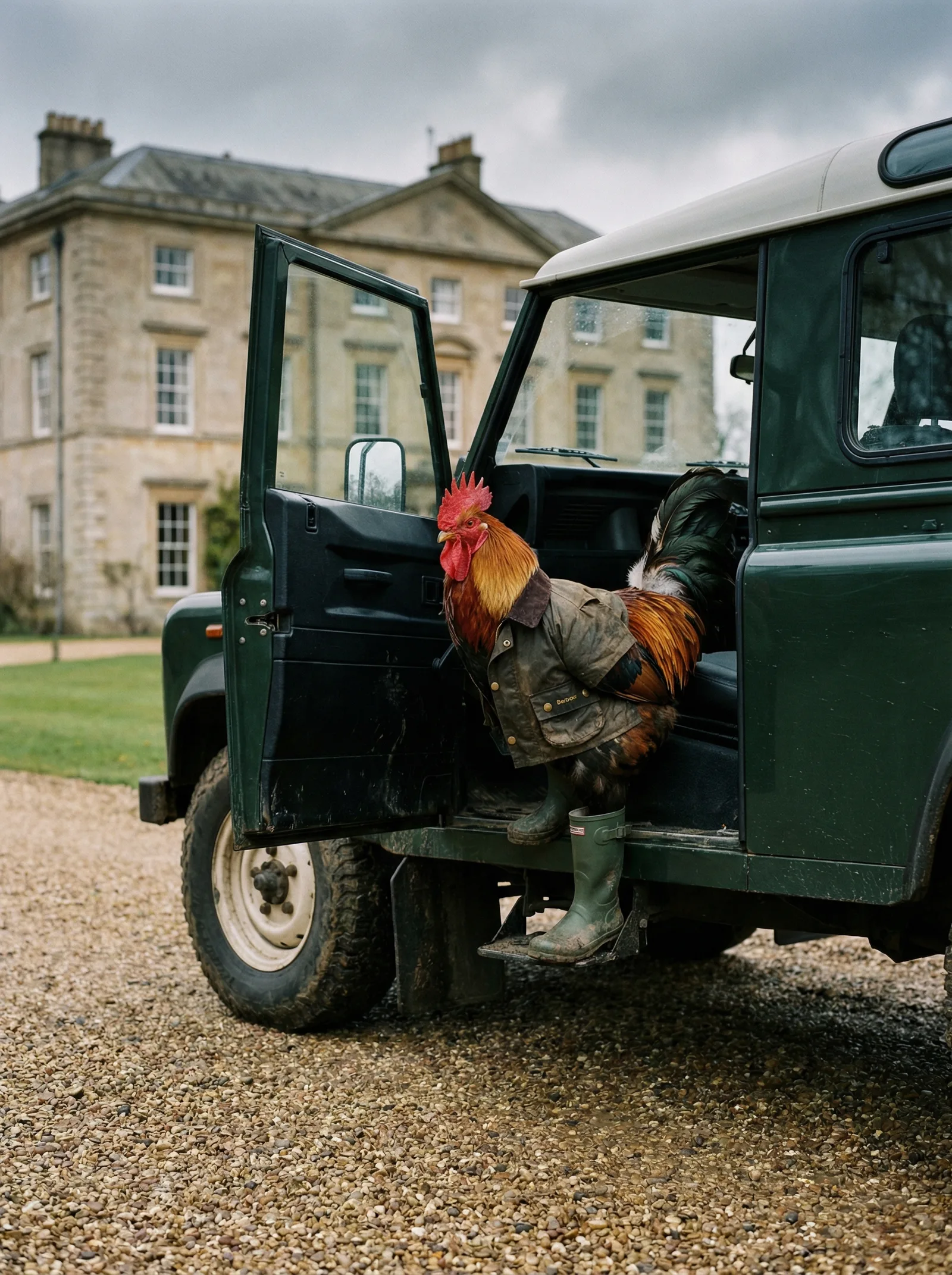 A rooster in a waxed Barbour jacket stepping out of a green Land Rover on a gravel drive