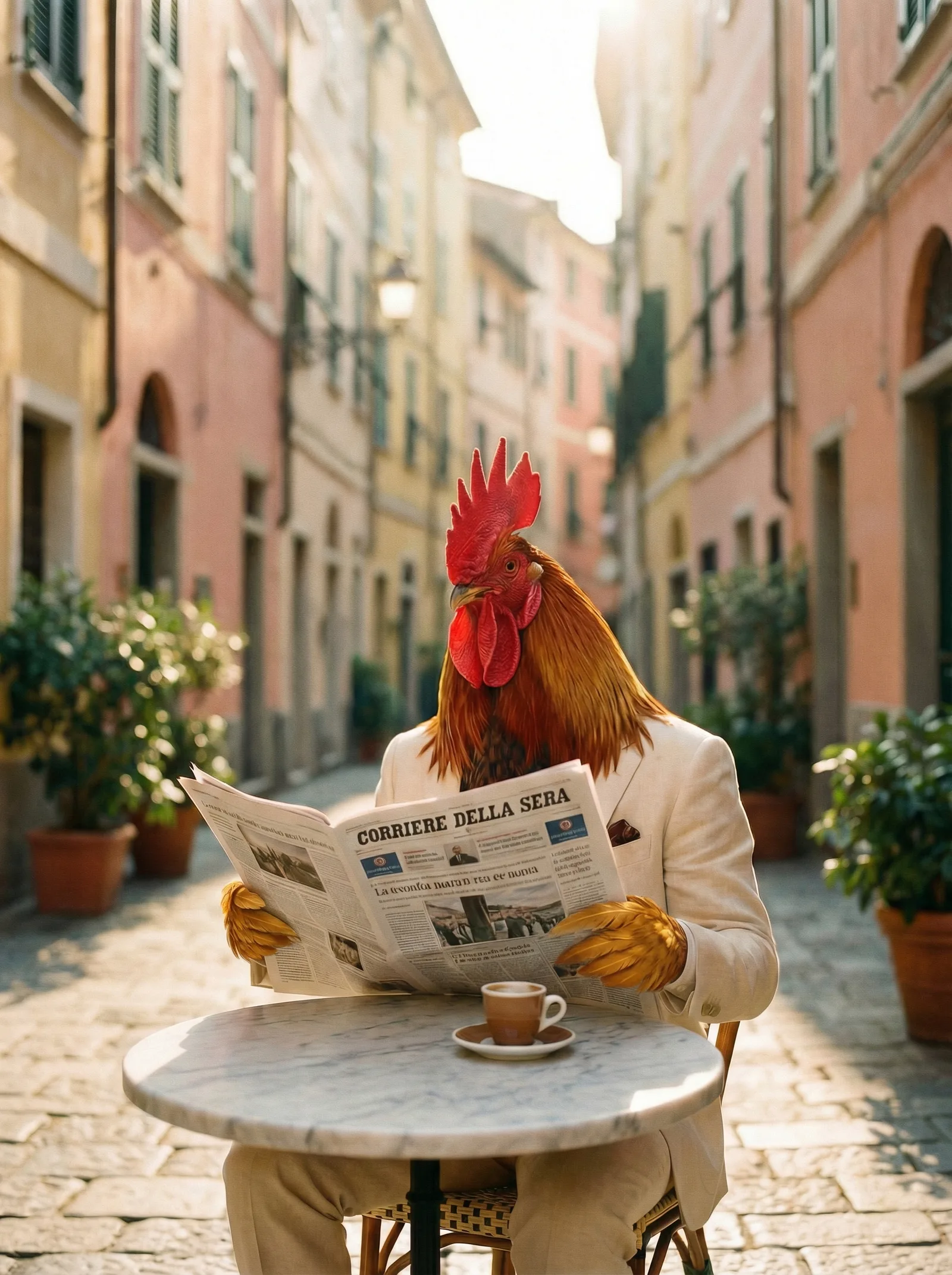A barred rooster in a white linen shirt reading Corriere della Sera at a café table with espresso