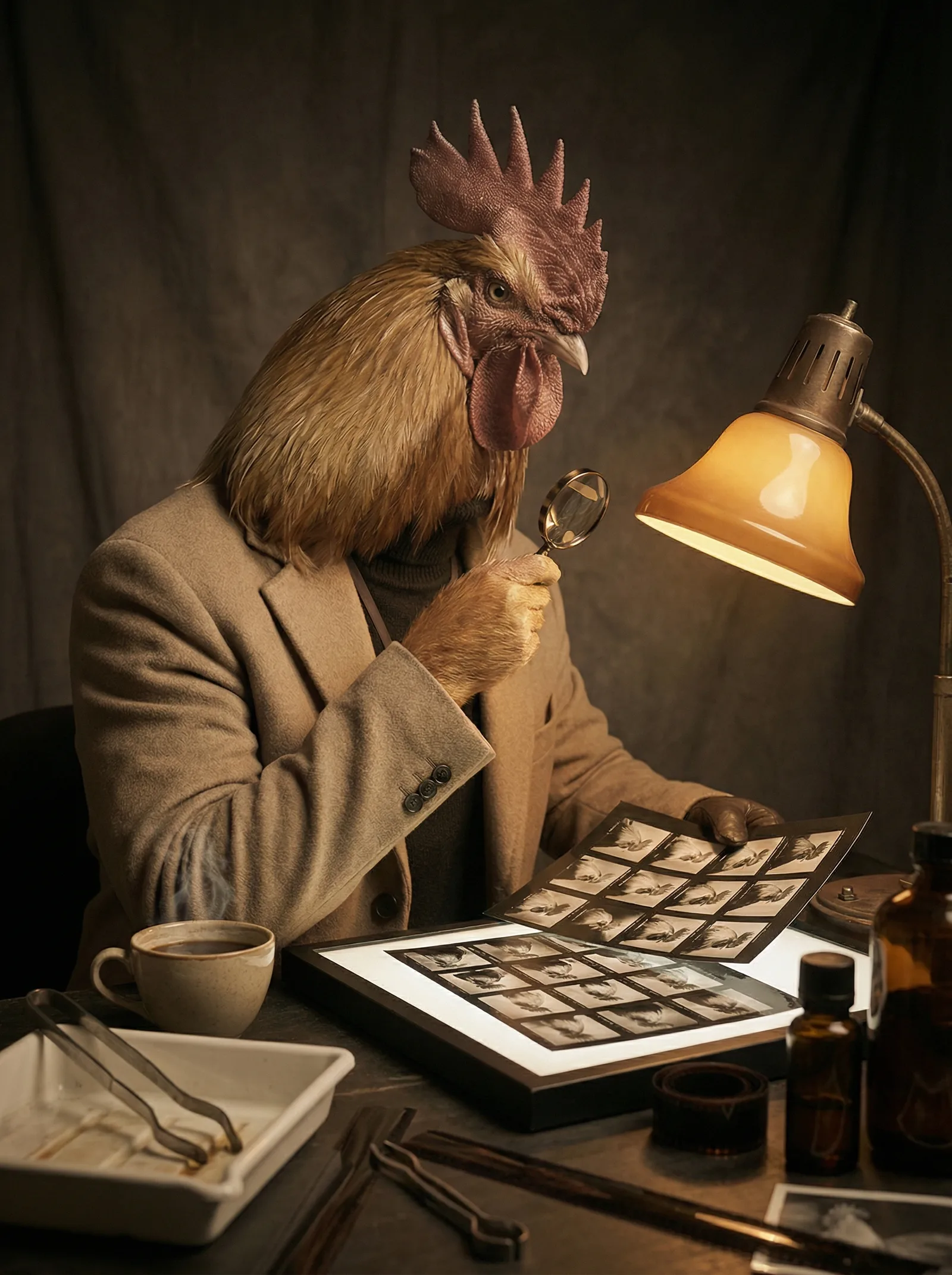 Reviewing contact sheets at a desk surrounded by film canisters and a steaming cup of coffee
