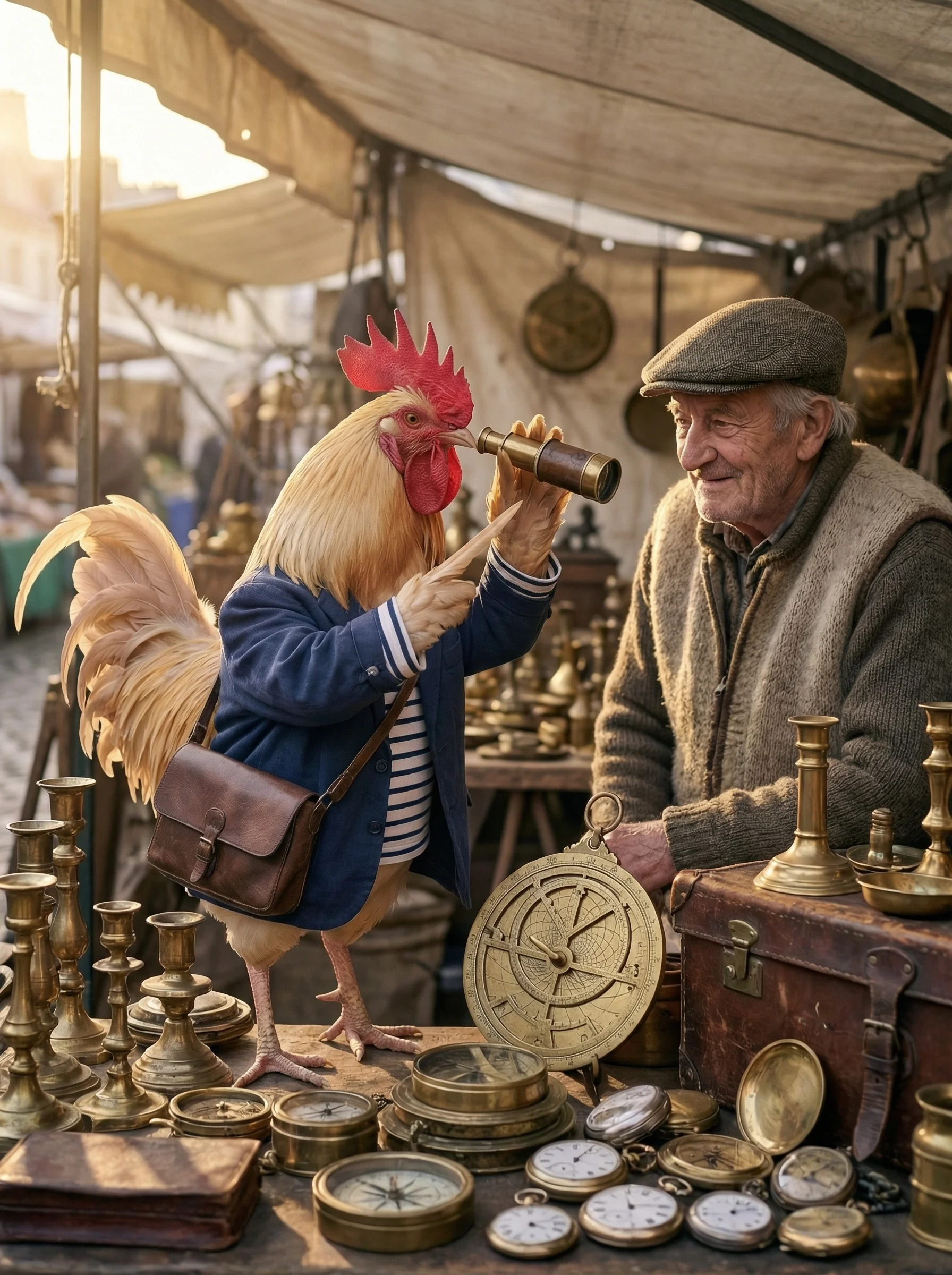 The same rooster examining a brass telescope at a cluttered antiques stall, an elderly French vendor in a flat cap watching with amused patience, morning light raking across pocket watches and astrolabes
