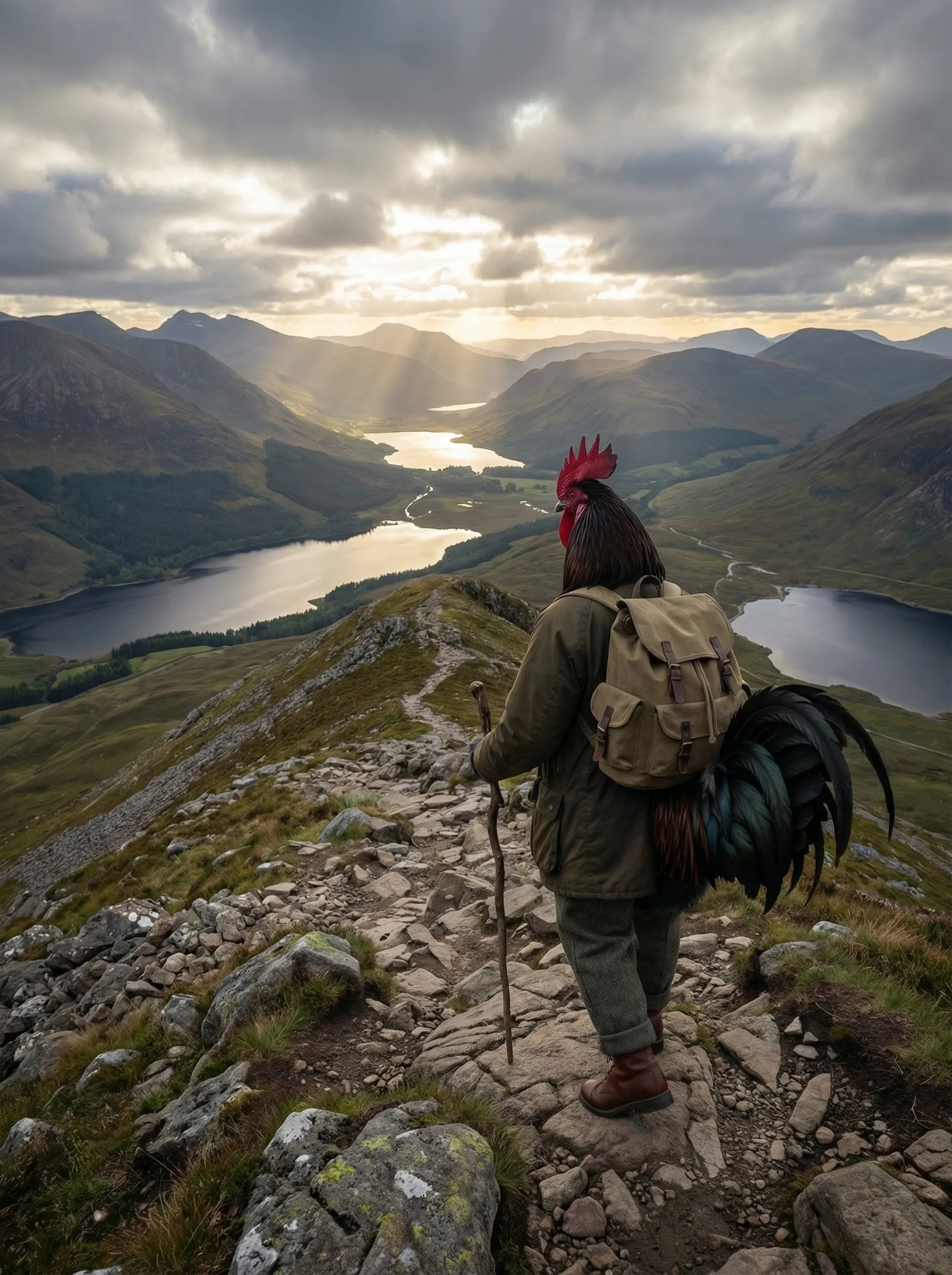 A rooster in an olive wax jacket seen from behind, ascending a rocky Highland path above a wide loch with sunlight breaking through storm clouds