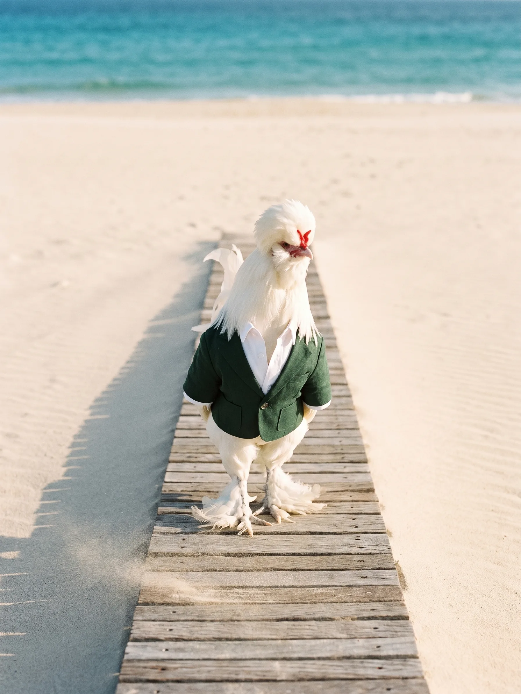 The white rooster walks down the centre of a narrow weathered boardwalk laid across pale sand toward a turquoise sea, his feathered feet well clear of the sand