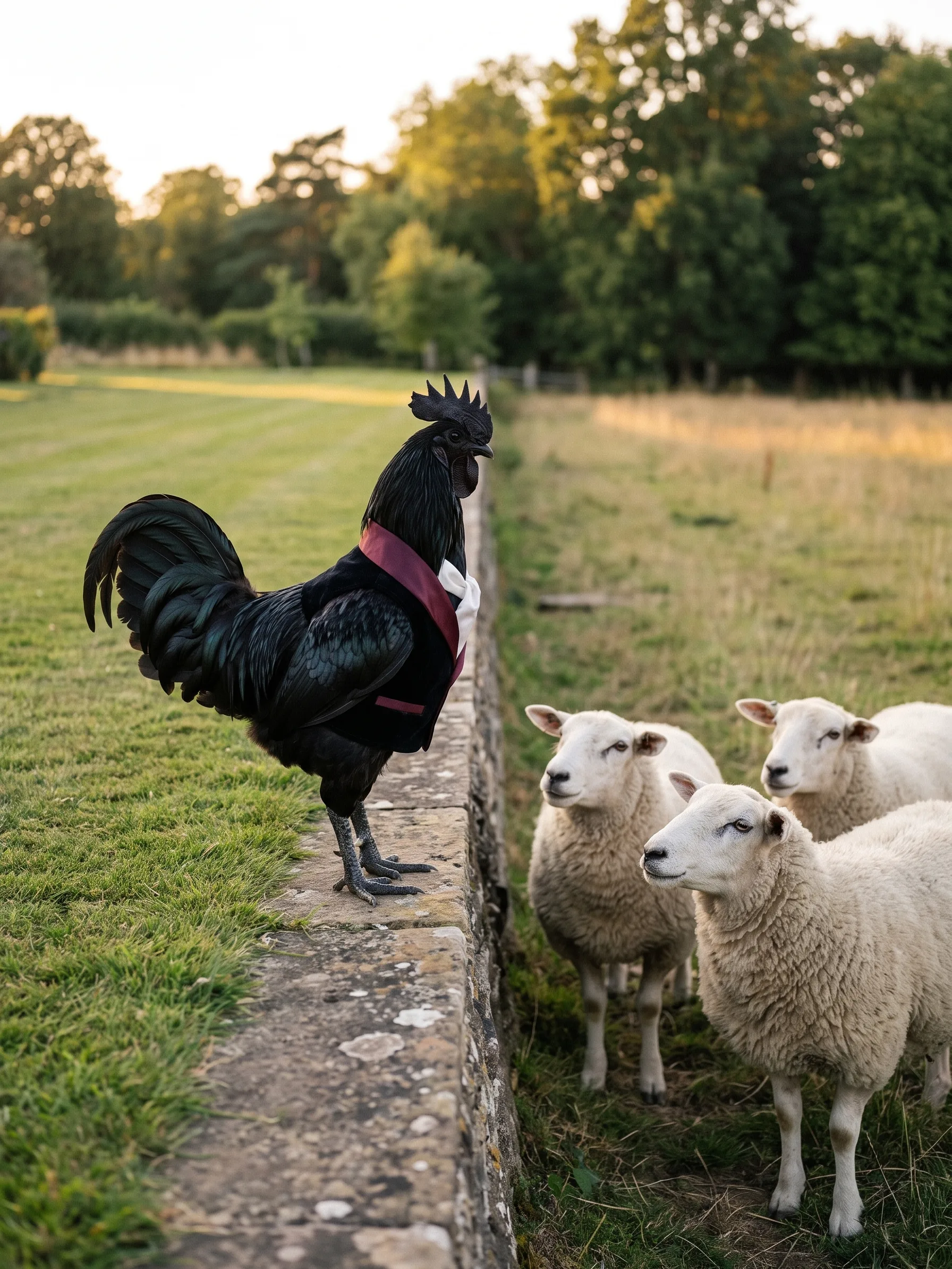 The black rooster stands on top of a low stone ha-ha wall at the edge of the lawn, regarding three white sheep in the field below, who look back at him