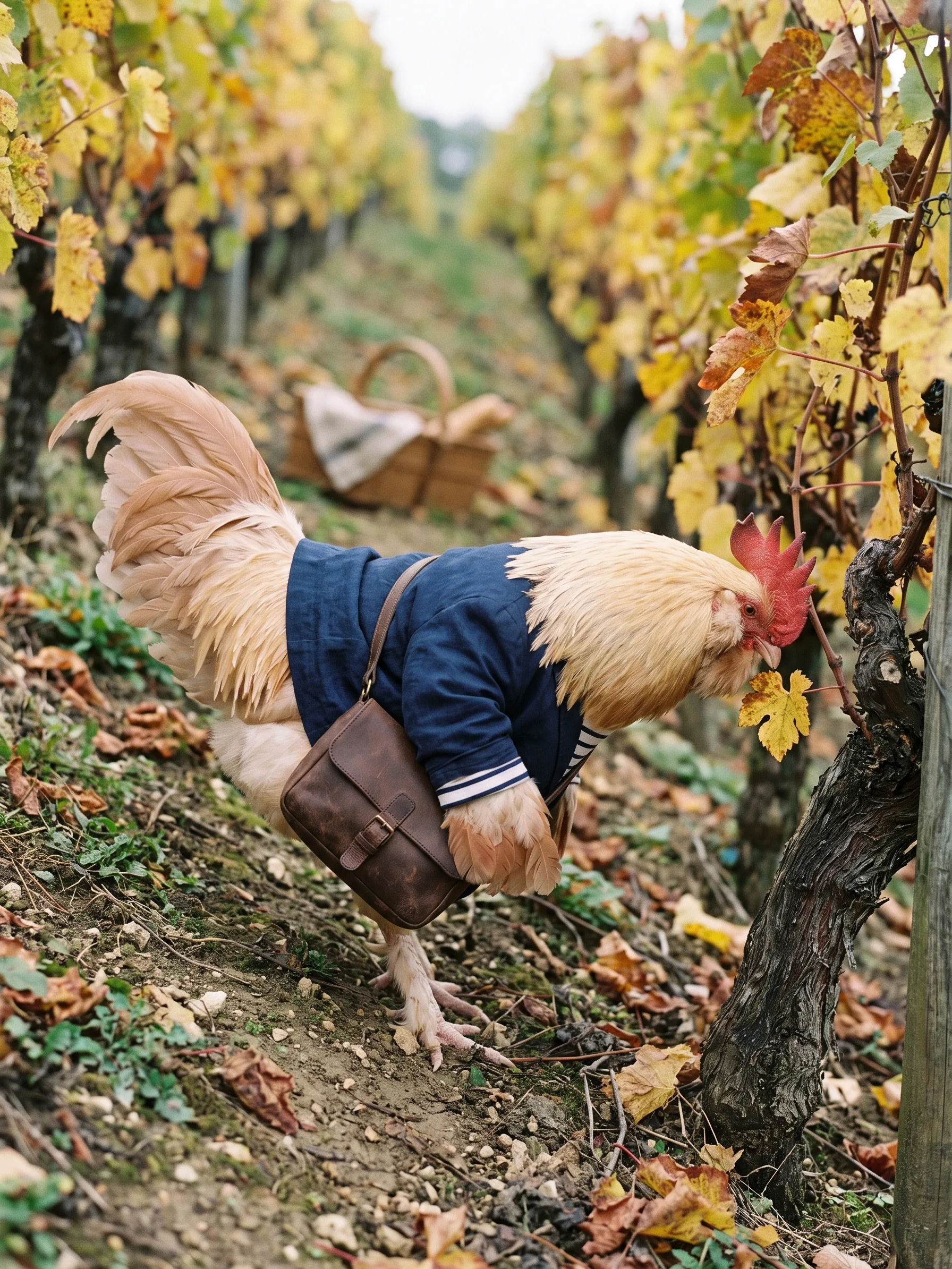 Low to the ground in a row of yellowing vines, the rooster leans forward in side profile to inspect a single leaf at the base of an old twisted vine trunk, a cloth-covered wooden basket further up the row
