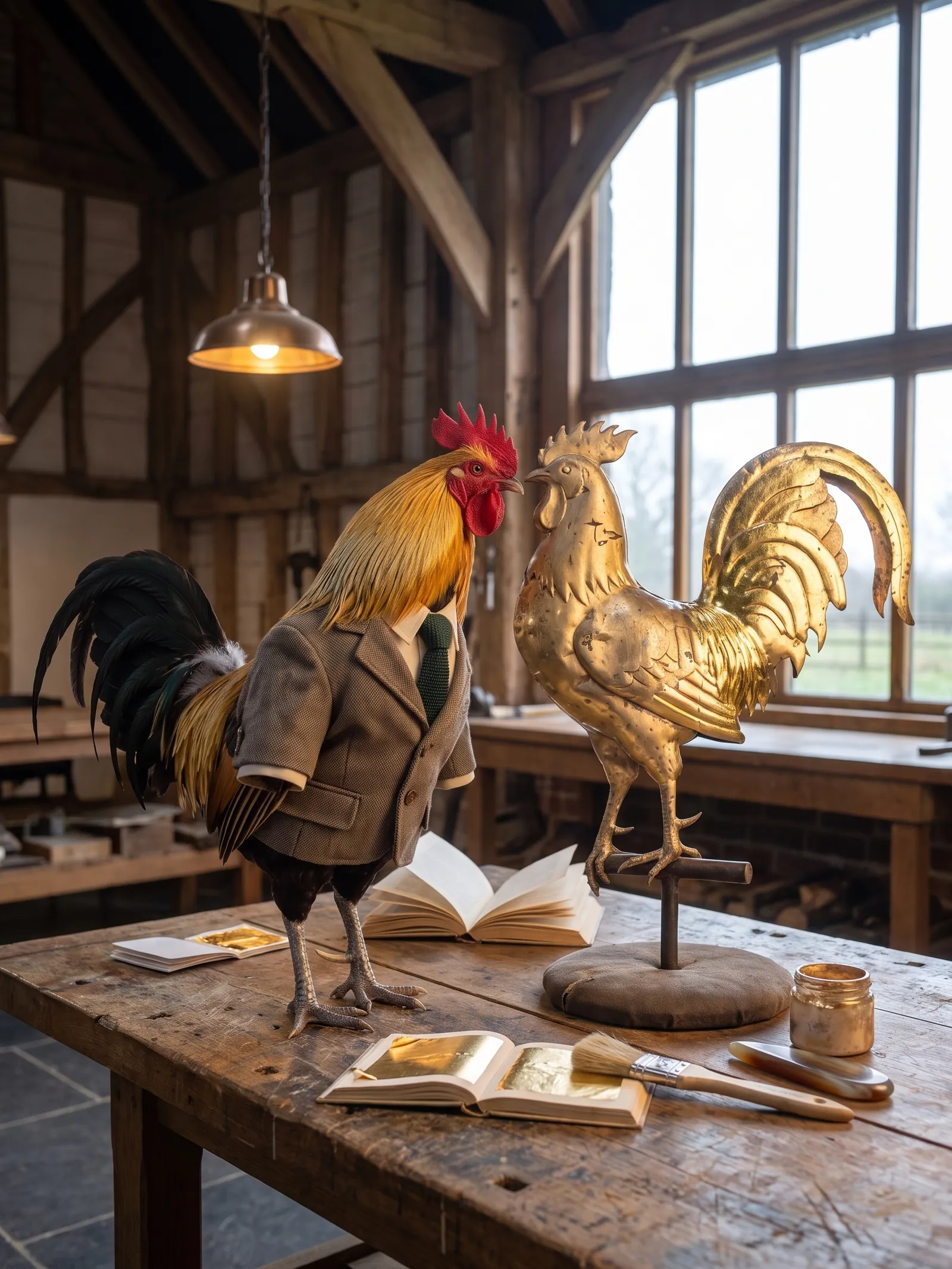The rooster and the half-regilded weathercock face each other beak to beak on a gilder's workbench, gold leaf booklets and a brush beside them