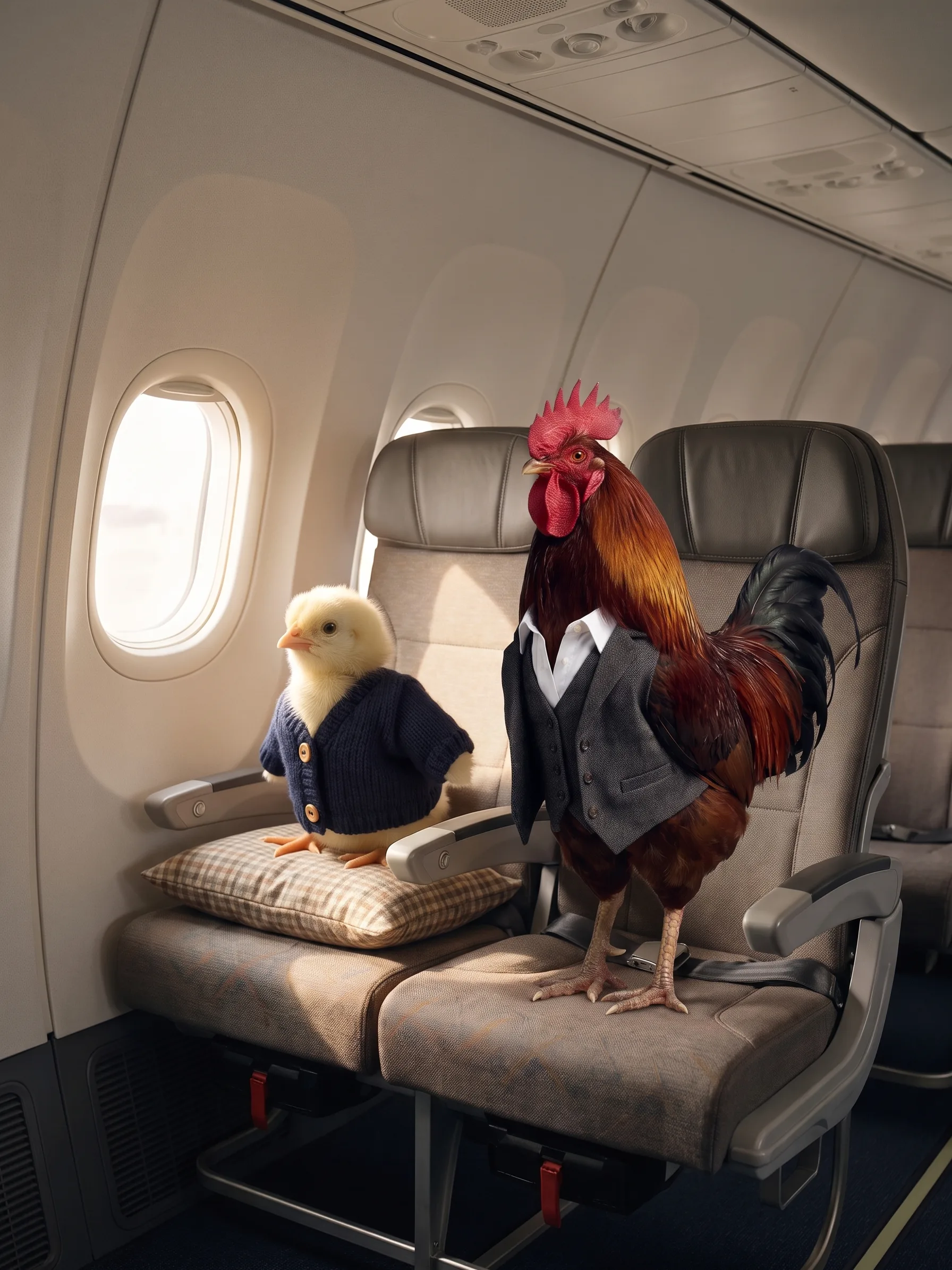 In an aircraft cabin the chick sits on a cushion in the window seat, while his father stands perched on the middle seat beside him