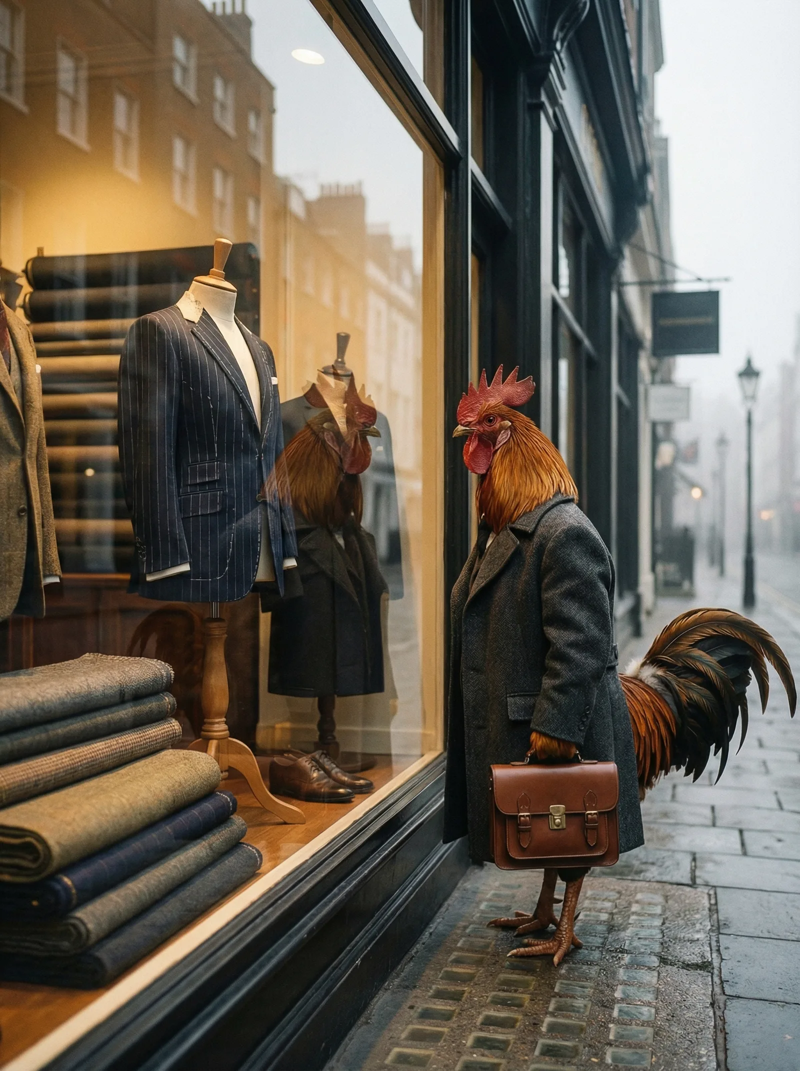 A rooster in a charcoal overcoat pausing at a Savile Row tailor's window, studying the suits and bolts of cloth inside