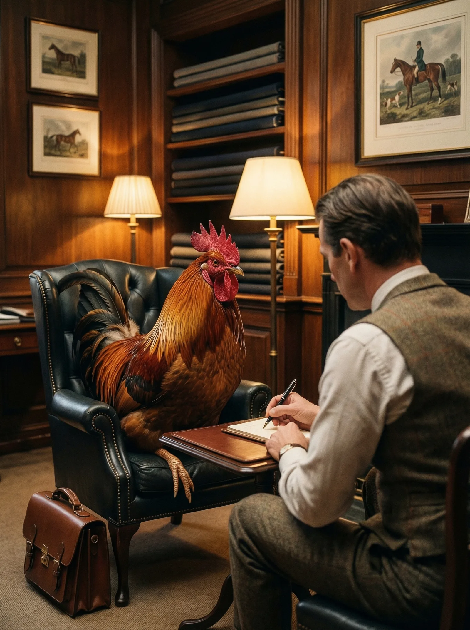 A rooster seated in a leather chair facing a tailor who takes notes, dark wood panelling and hunting prints behind them