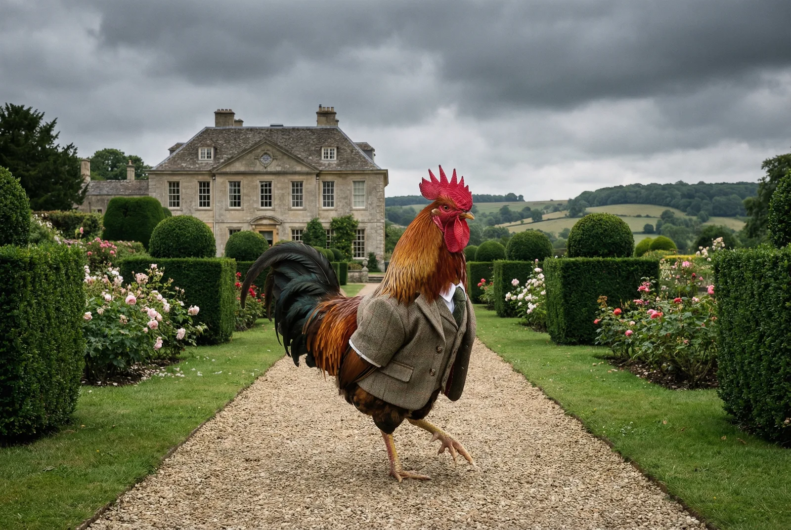 A rooster in tweed walking the gravel path of a Cotswolds estate, rolling hills behind
