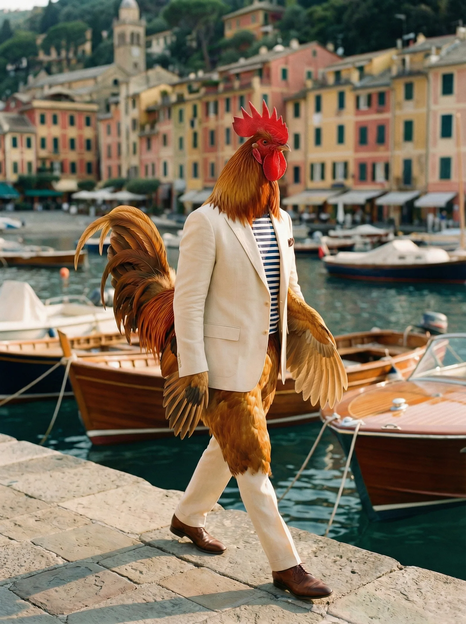 A rooster in a cream blazer and Breton stripes walking along the Portofino harbor