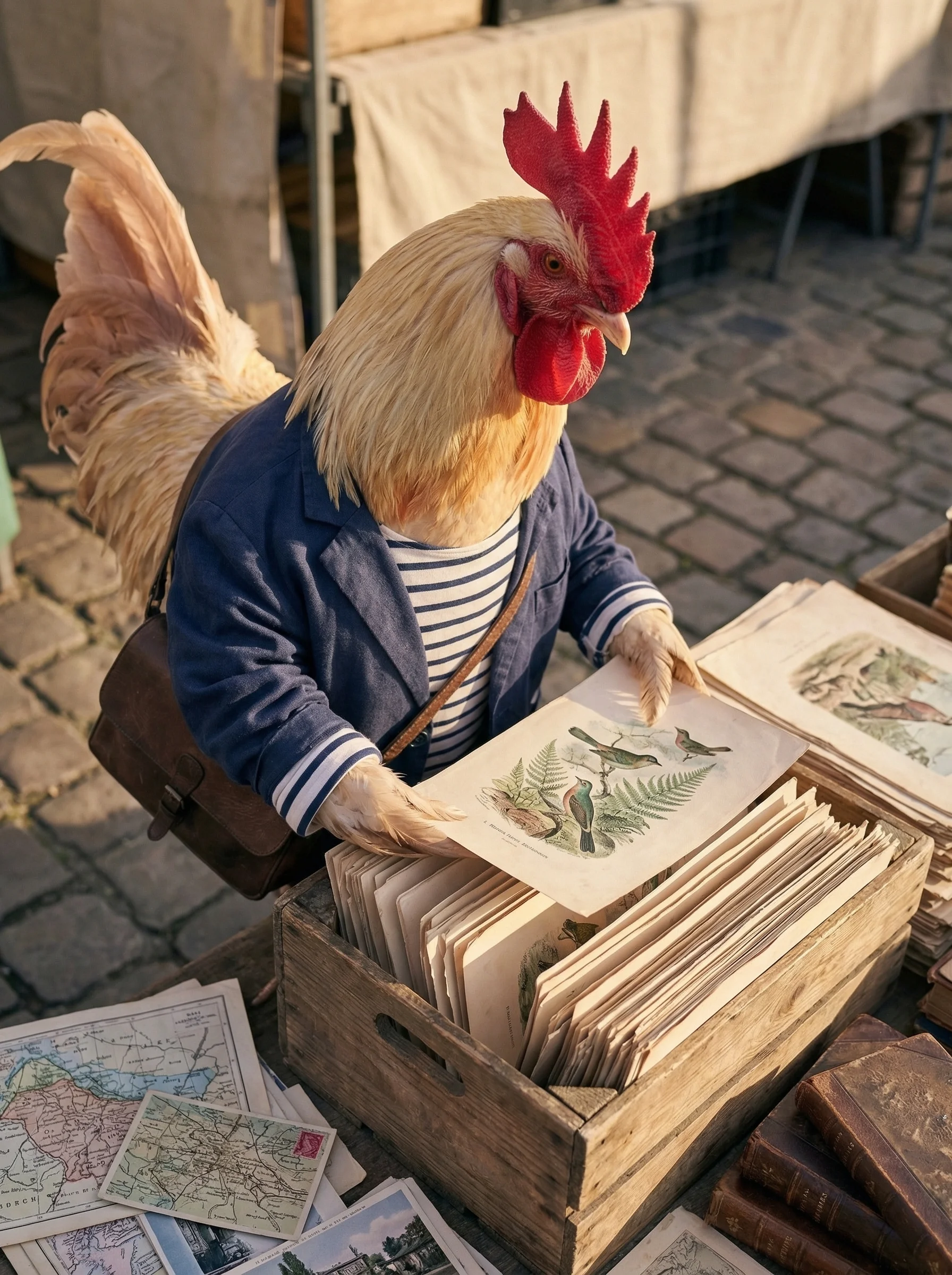 The rooster in navy blazer and marinière browsing vintage botanical and ornithological prints in a wooden crate at an outdoor stall, hand-tinted engravings of birds and ferns visible, scattered maps and old books on cobblestones