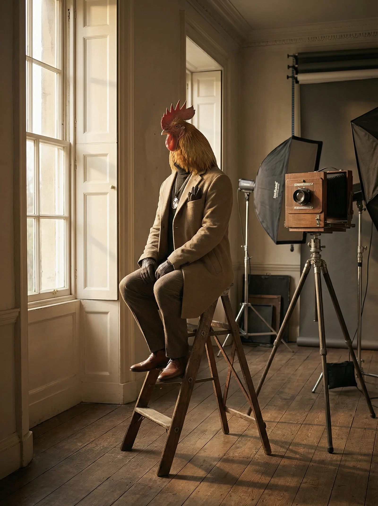 A rooster perched on a stepladder in a Georgian studio with large windows and photography equipment