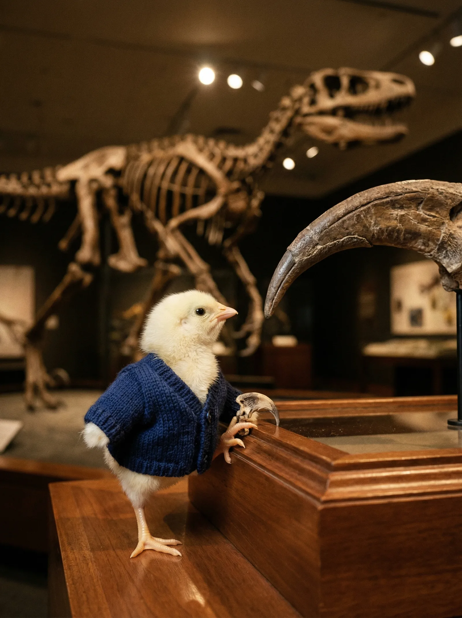 A young chick examining his claw next to a Velociraptor's