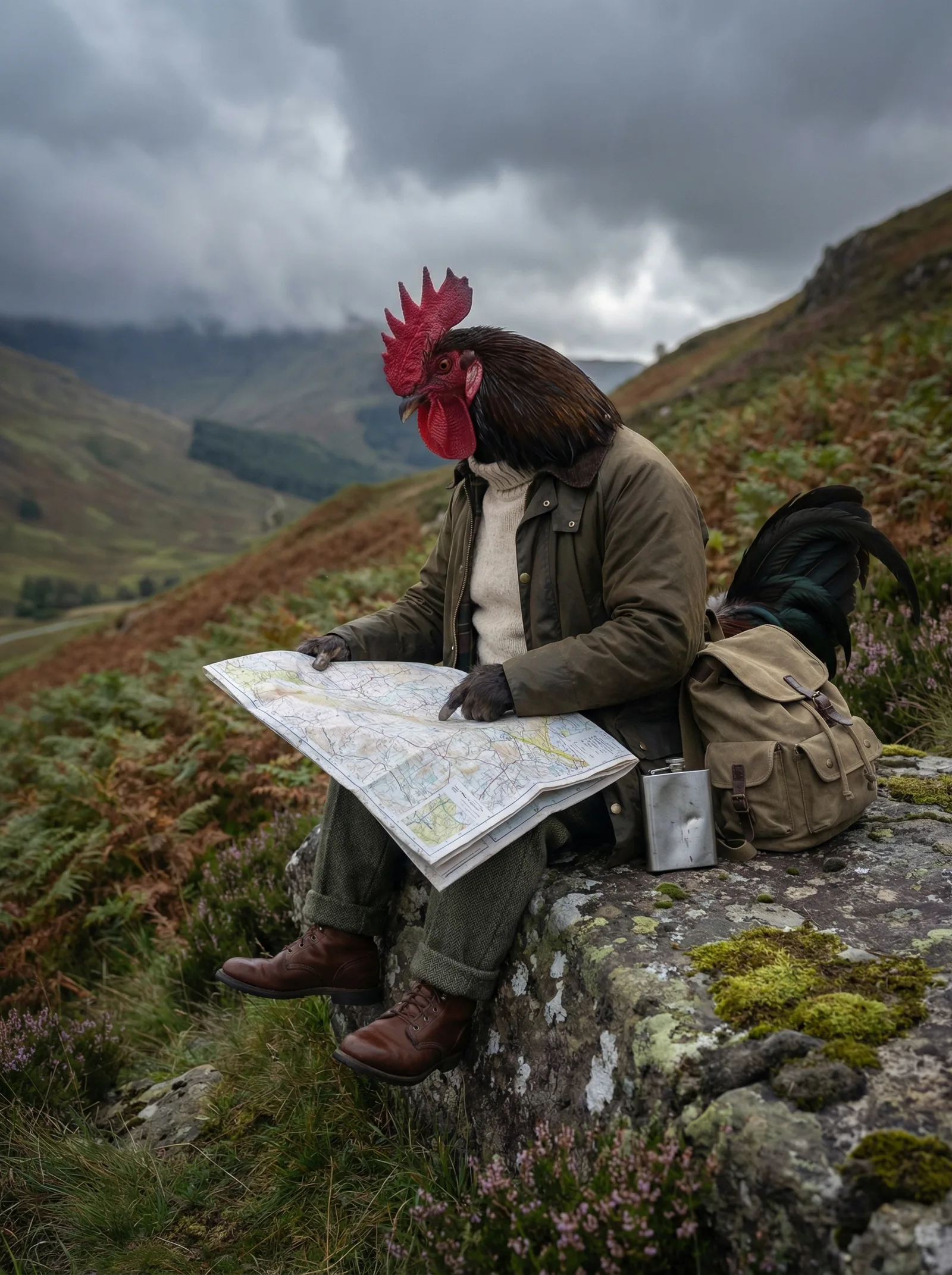 A rooster in an olive jacket seated on a stone wall in the Highlands, Ordnance Survey map spread across his lap, a silver hip flask beside him