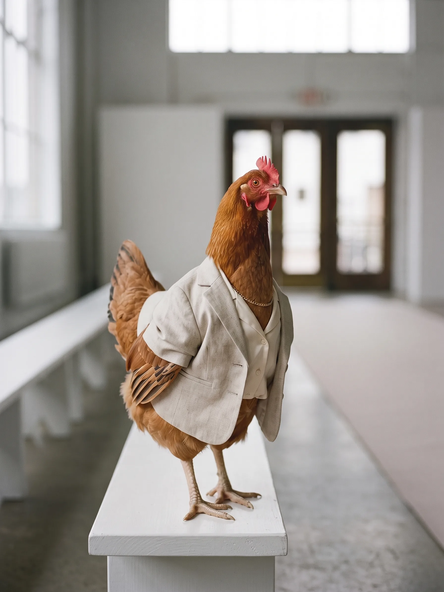 The chestnut hen stands on a white front-row bench, watching the entrance doors at the far end of the space
