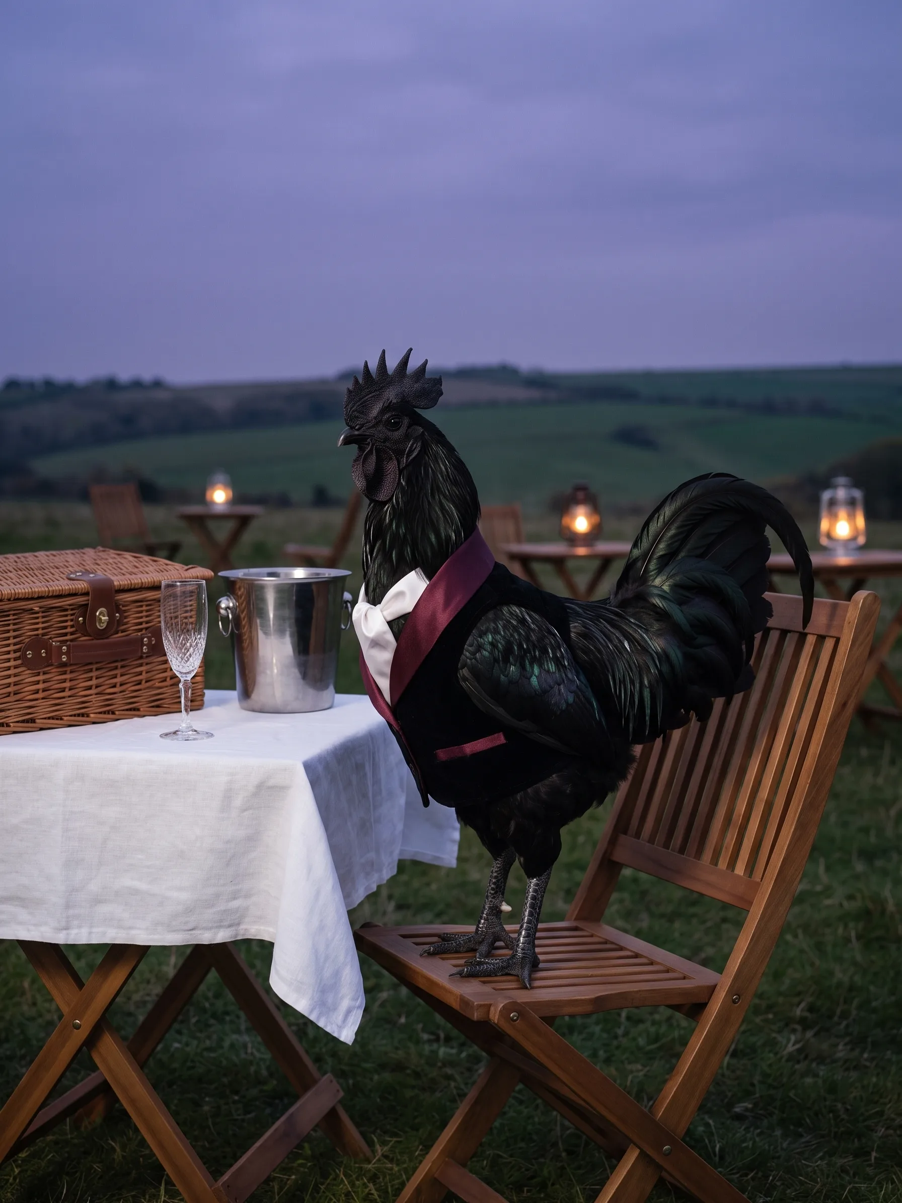 At dusk the black rooster perches on a wooden folding chair beside a small table laid with a white cloth, a wicker hamper, an ice bucket and a single champagne glass, the Downs violet behind him