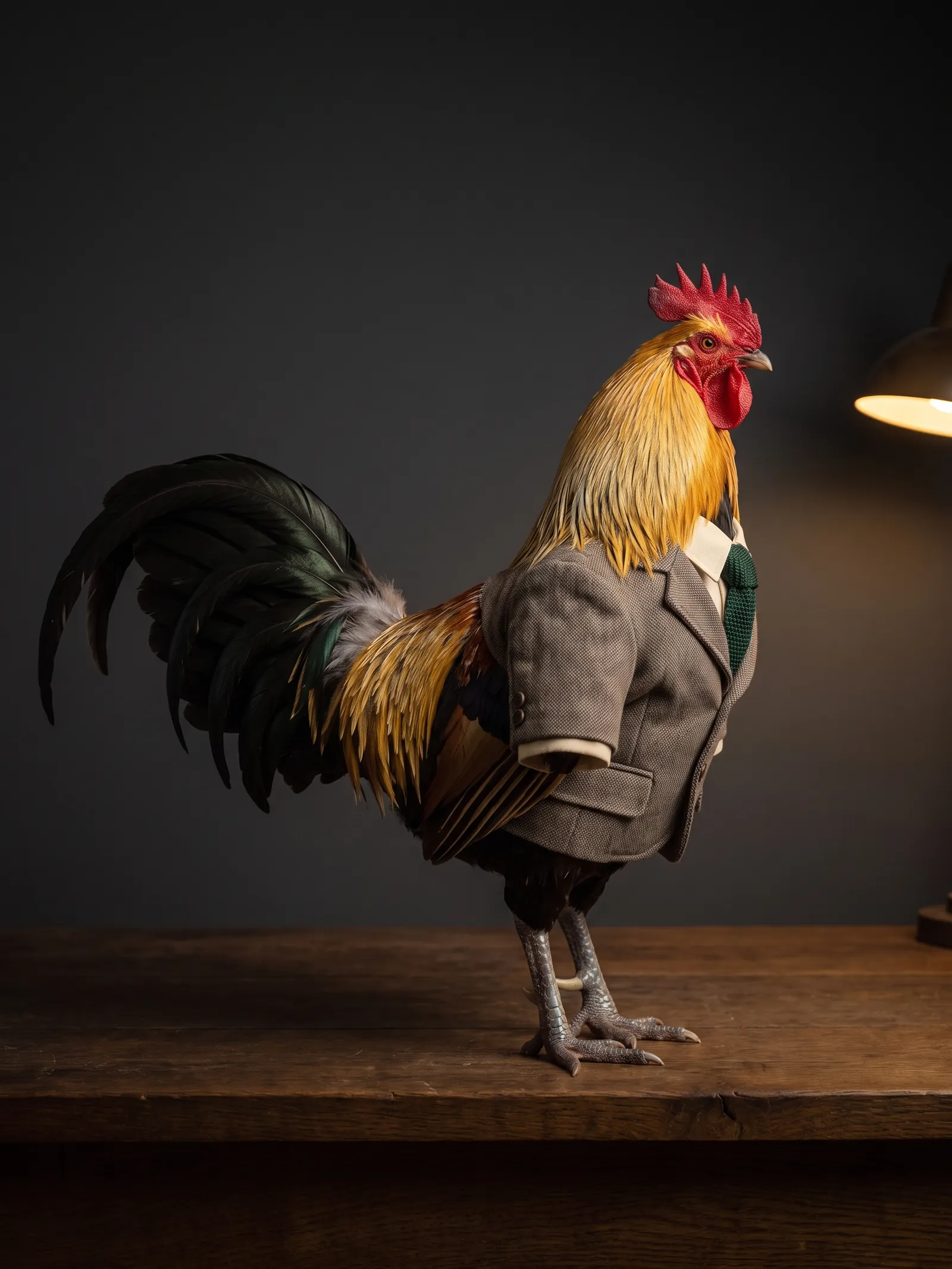 Profile portrait of the rooster facing right, standing on a workbench against a dark wall, a lamp behind him