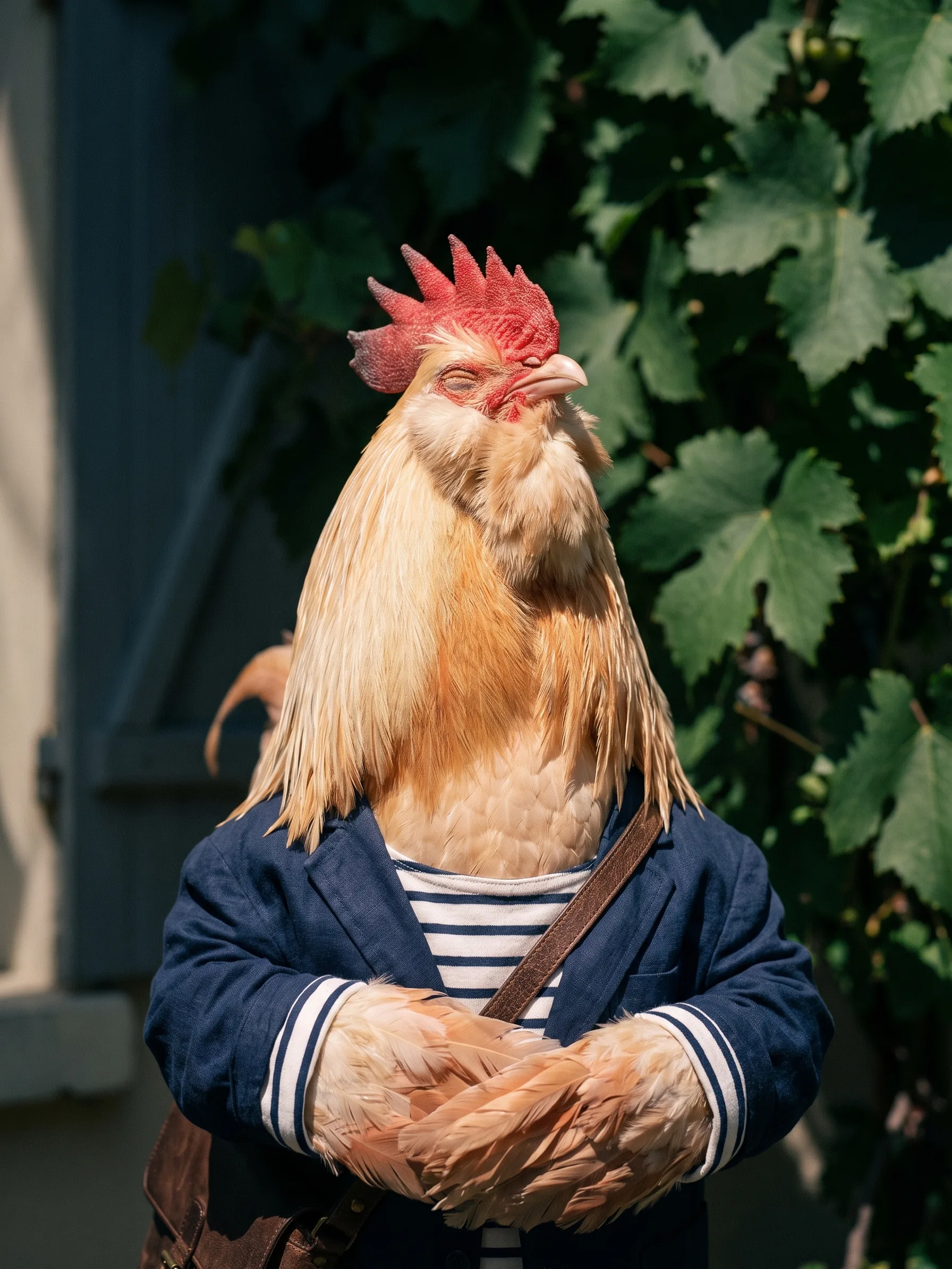 Half-length portrait of the rooster in sunlight, eyes closed and beak raised to the sun, his feathered wing tips folded across the front of his navy blazer, vine leaves and a shuttered wall in shade behind him