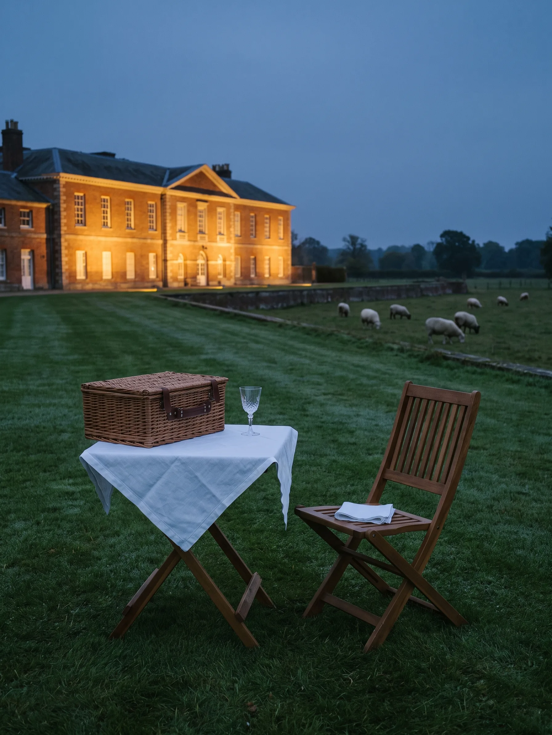 The same small table and wicker hamper beside an empty folding chair with a folded napkin on the seat, the country house glowing with lit windows behind and sheep grazing beyond the ha-ha at blue hour