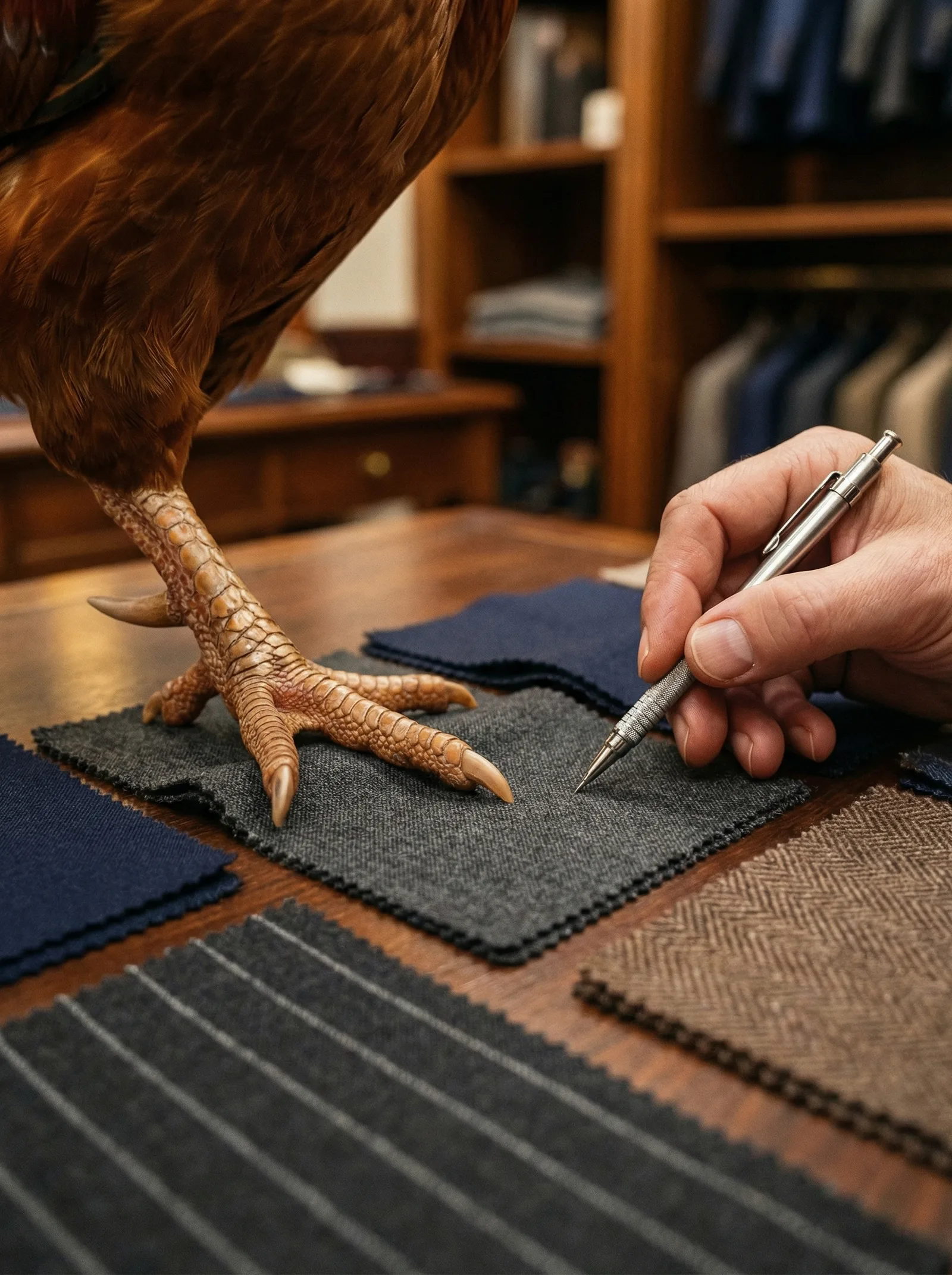 Close-up of a rooster's talon resting on fabric swatches while a tailor's pencil points to a charcoal herringbone sample