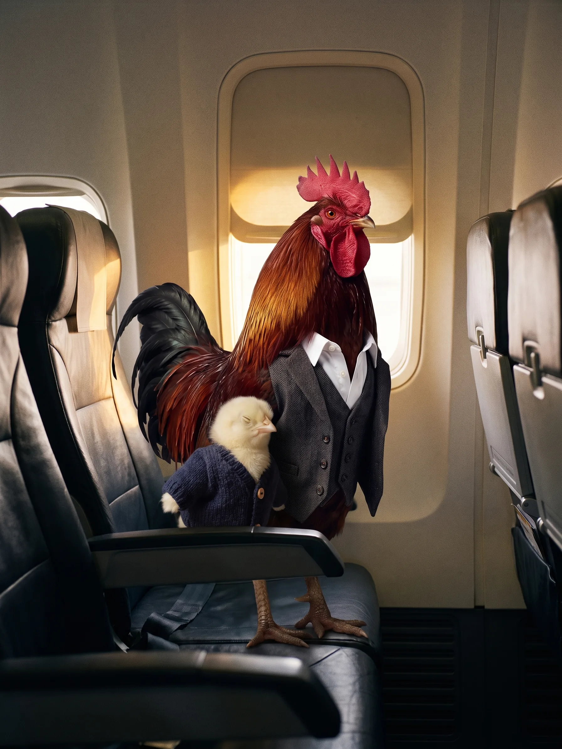 The chick asleep against his father's side in the softly lit cabin, the window shade half lowered, the rooster standing very still on the seat