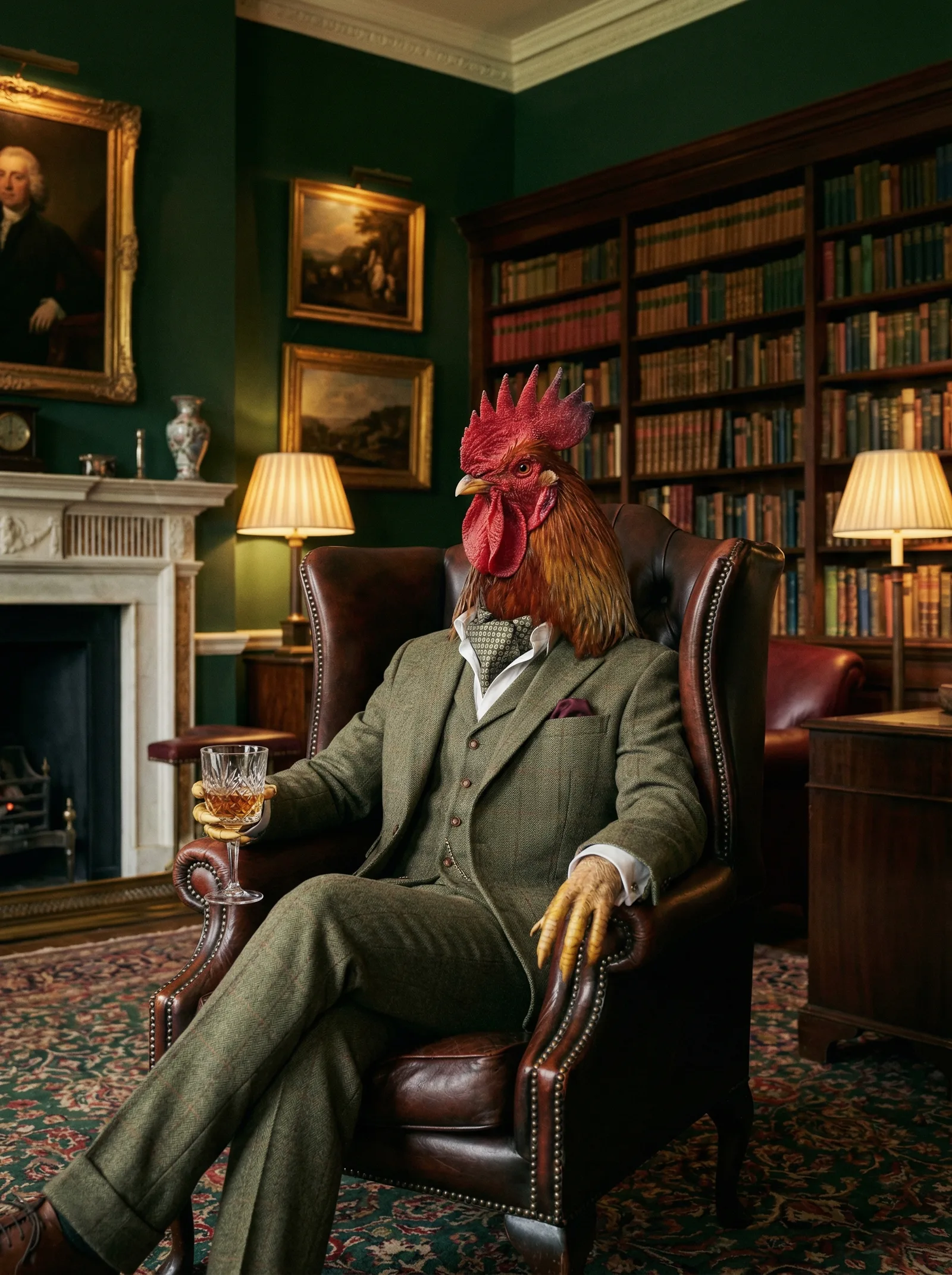 A rooster in a green three-piece suit seated in a leather wingback chair in a country house library, whisky in hand