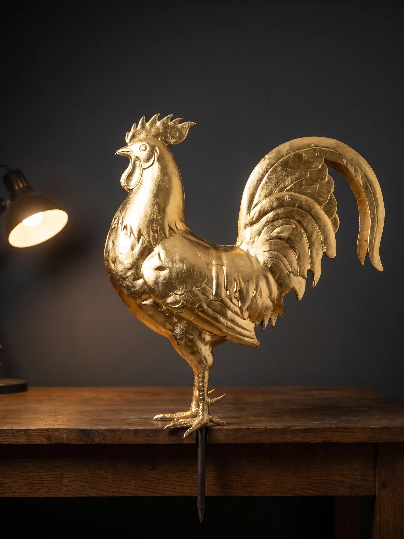 Profile portrait of the freshly gilded weathercock facing left on the same workbench, a lamp behind it