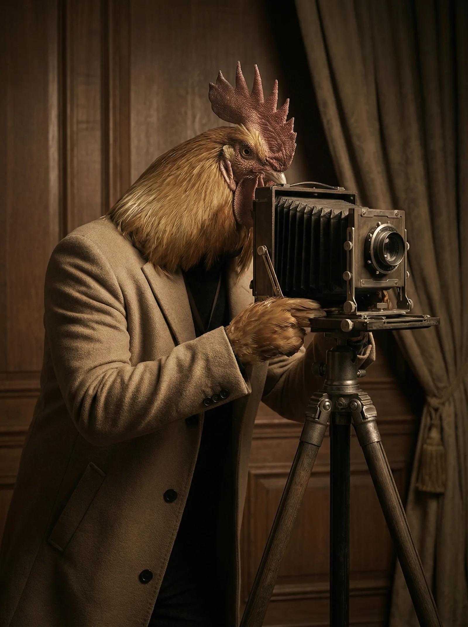 A dark-feathered rooster in an embroidered velvet jacket, posed on a wooden stool before a large-format camera