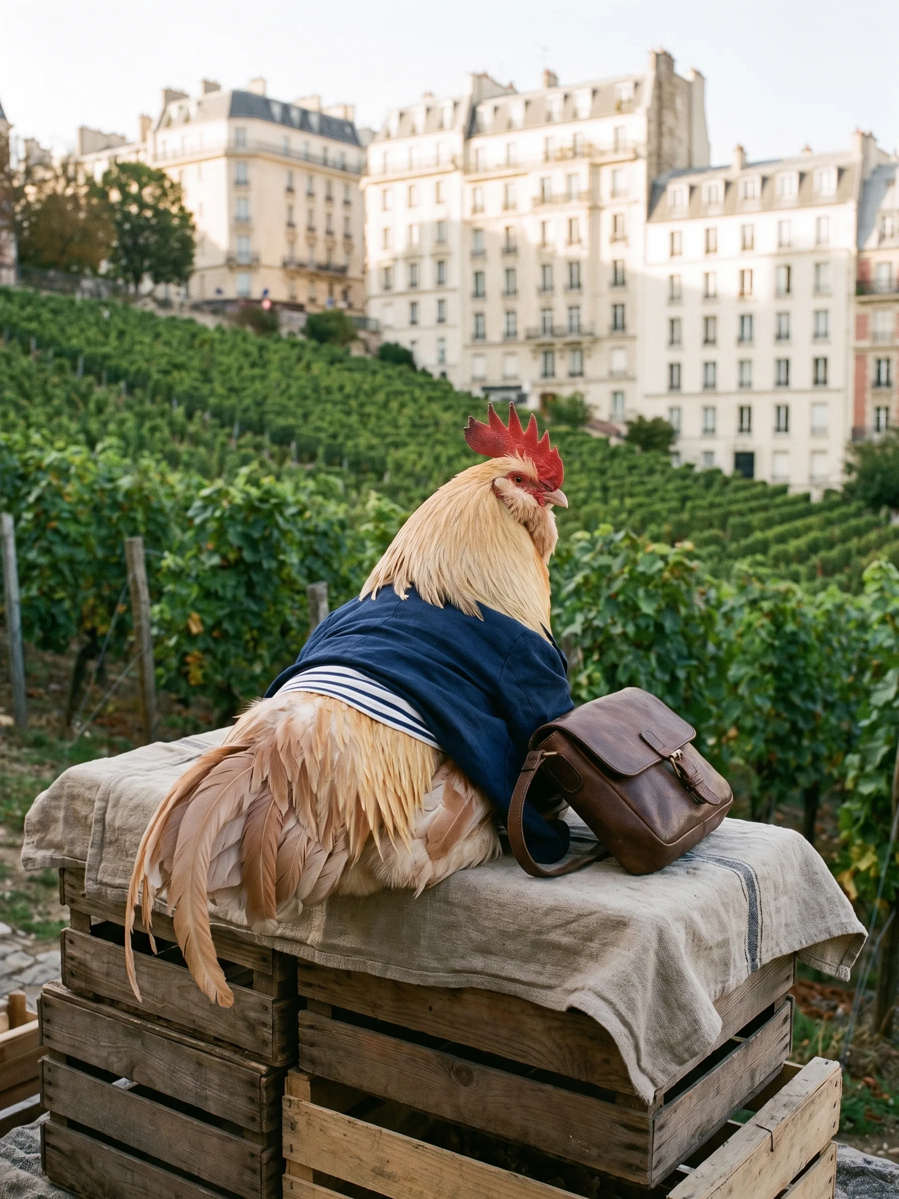 Seen from behind, the rooster sits settled on a stack of wooden harvest crates covered with a linen cloth, his satchel set down beside him, looking up a steep bank of vines toward tall cream apartment buildings in afternoon sun