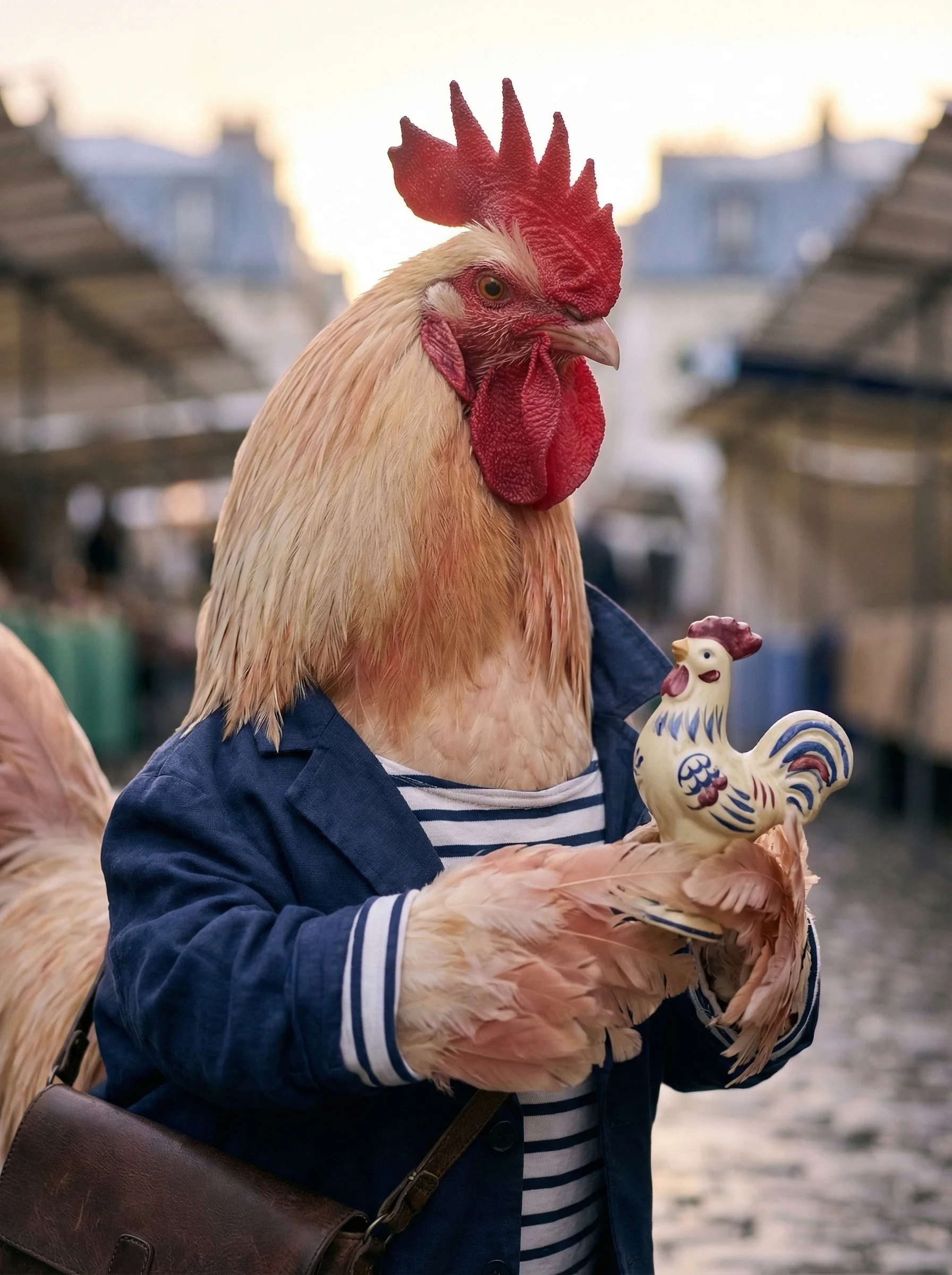 Close-up of the rooster holding a small hand-painted faïence rooster figurine in his wing tips, studying it with quiet recognition, market stalls in soft bokeh behind him