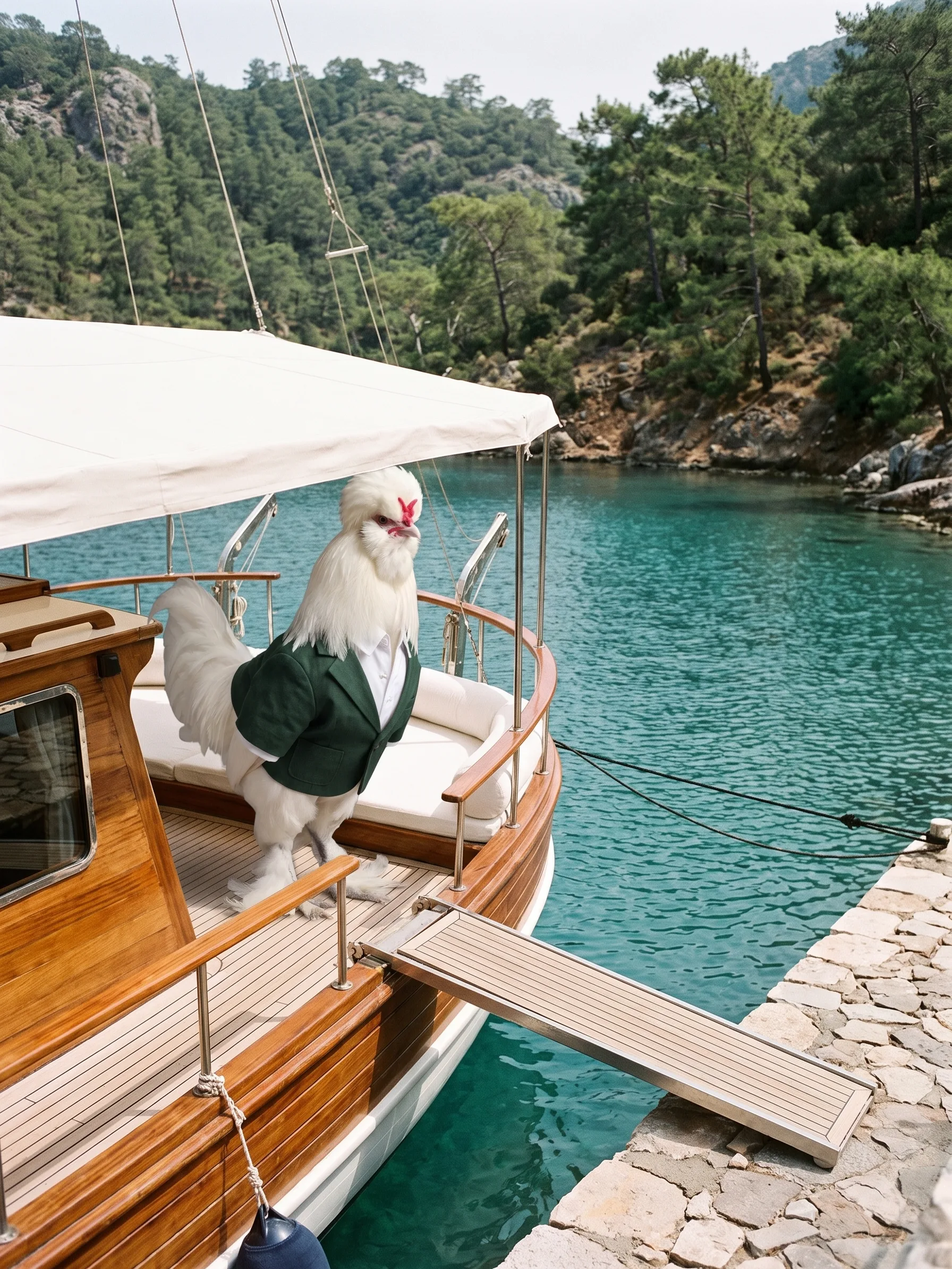 The rooster stands on the varnished teak deck of a wooden gulet moored in a turquoise cove, a teak gangplank reaching to a stone quay, pine-covered hills around
