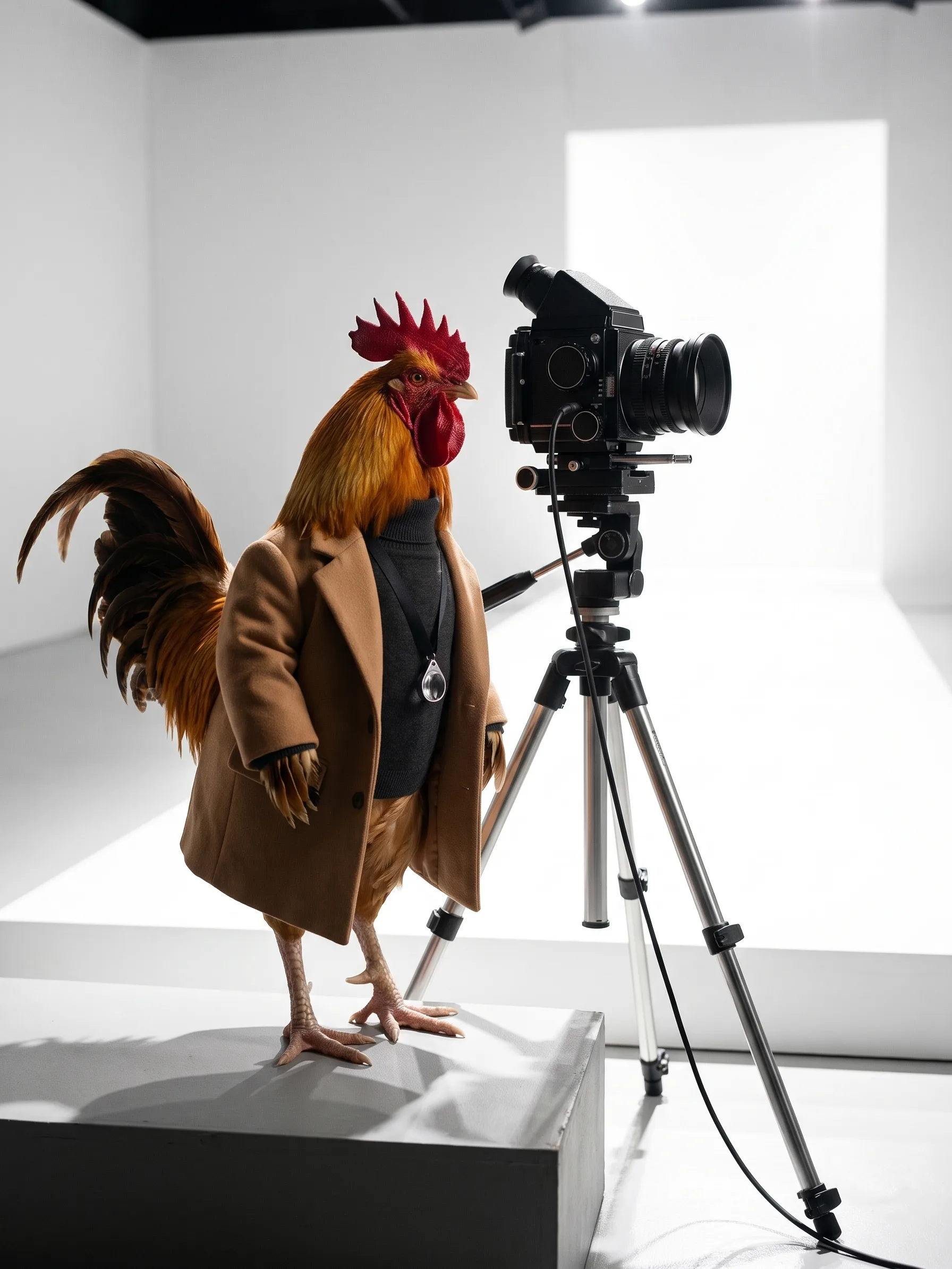 A golden-brown rooster in a camel overcoat stands beside a camera on a tripod at the end of the runway, the camera turned away from the runway