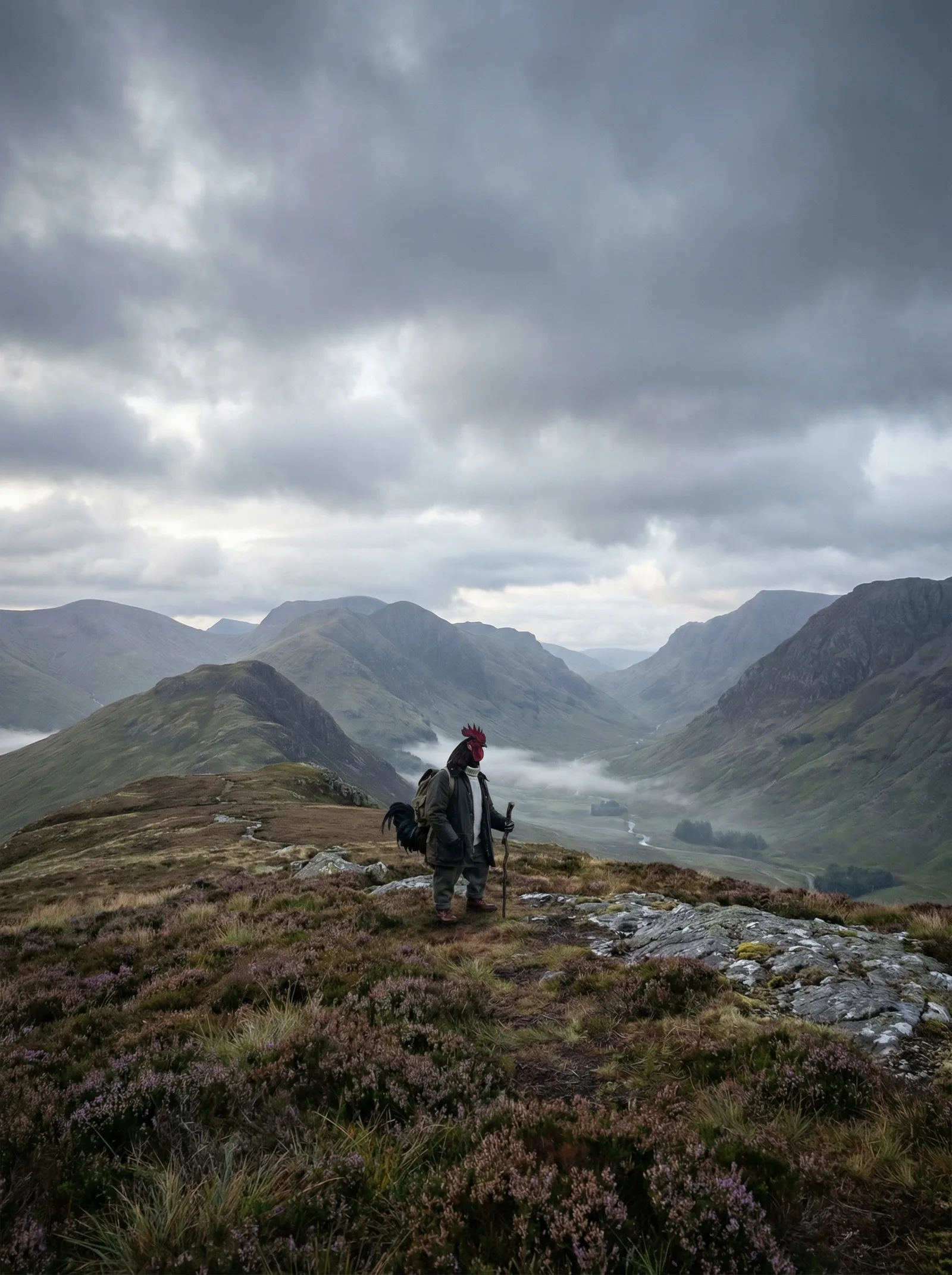 A small solitary rooster figure in an olive jacket and tweed trousers standing on a wide Highland ridge, a vast glen and mist-filled valley stretching away beneath a dramatic overcast sky