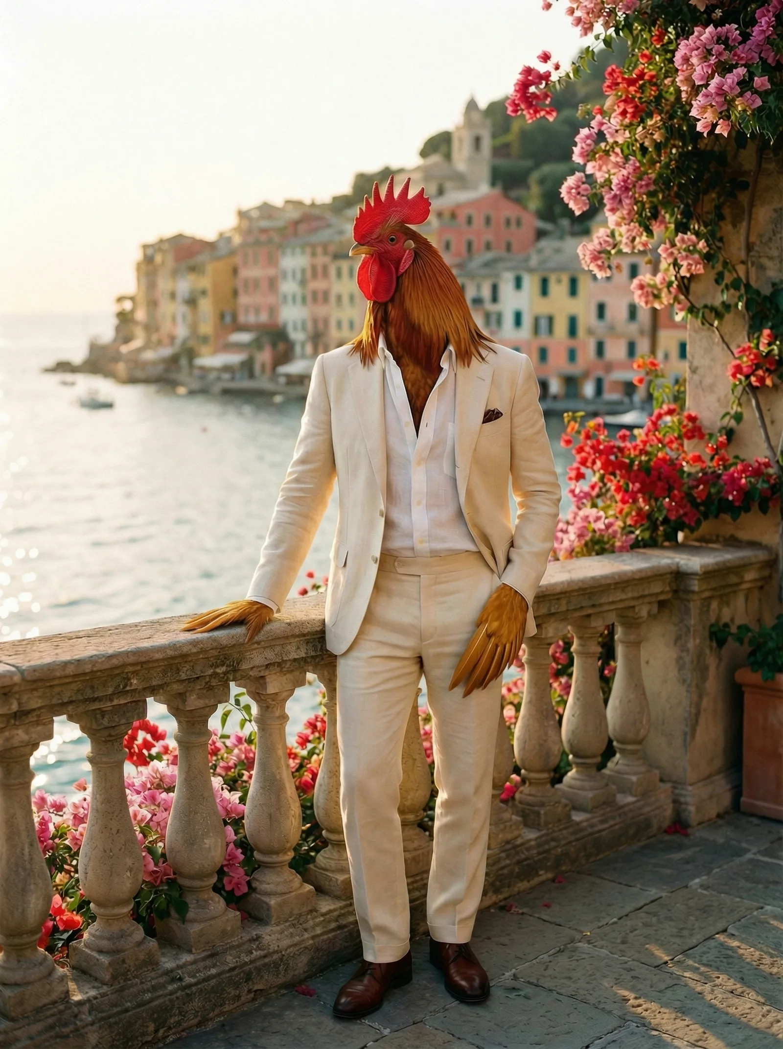 A rooster in a white linen shirt leaning on a stone balustrade overlooking the Ligurian Sea at golden hour