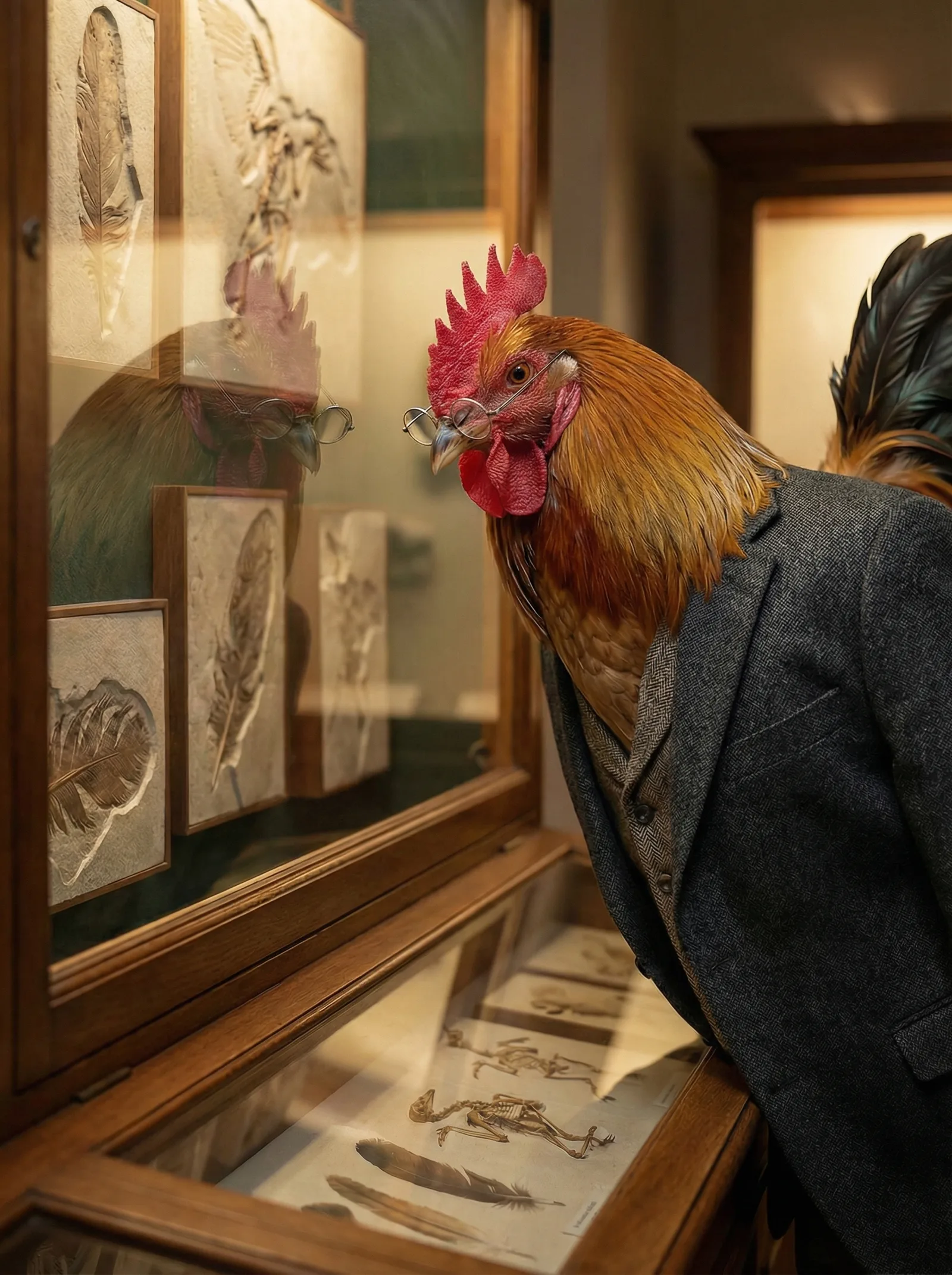 A rooster in reading glasses studying fossilized feather specimens