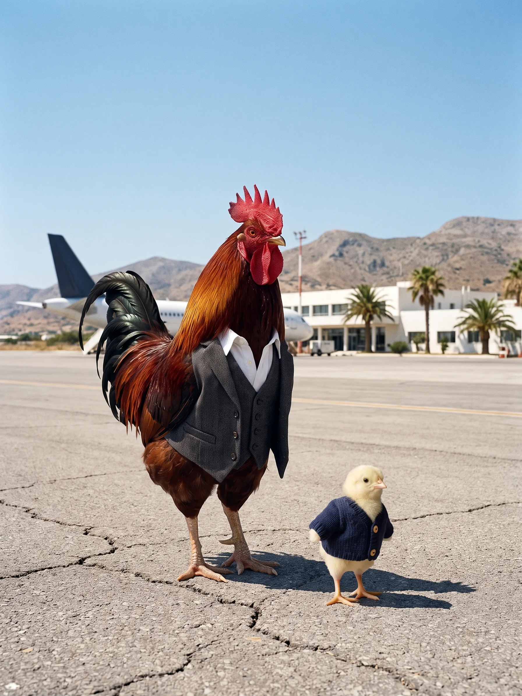 The rooster and the chick walking across a sunlit Mediterranean airport apron toward the camera, palm trees and dry mountains behind, the chick a step ahead and looking up at the sky
