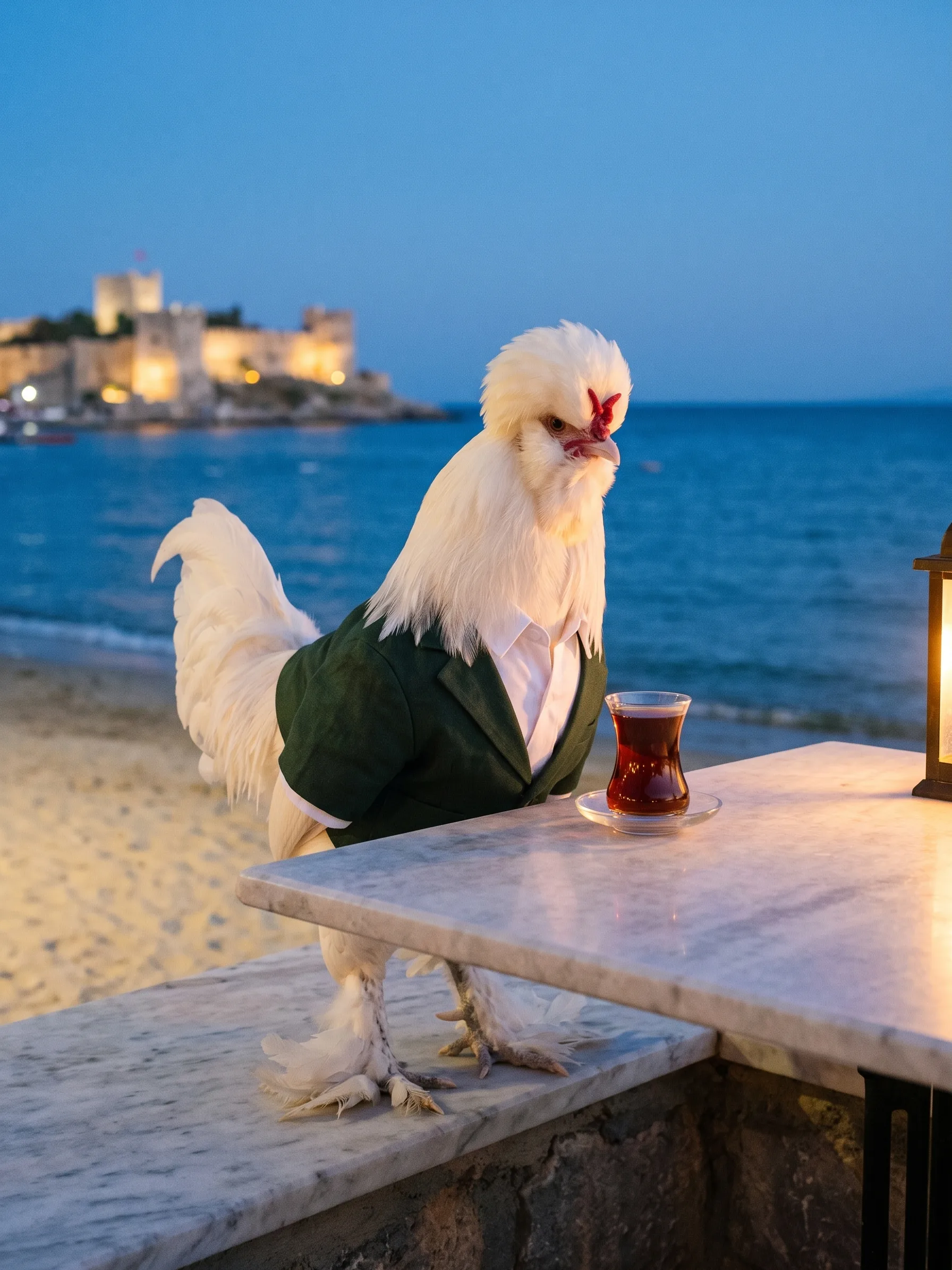 In the evening the rooster sits at a lantern-lit table at the very edge of a marble waterfront terrace with a small glass of tea, the beach beginning just beyond the marble and the castle lit across the bay