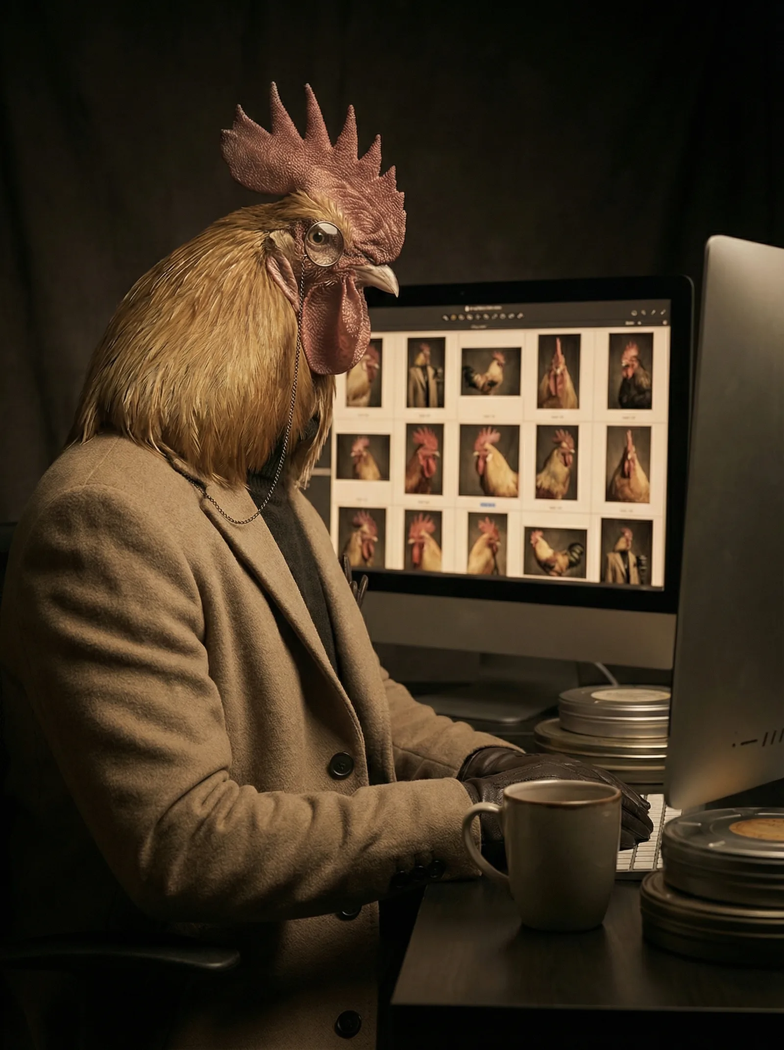 The photographer reviewing rooster portraits on a monitor in a dark editing suite